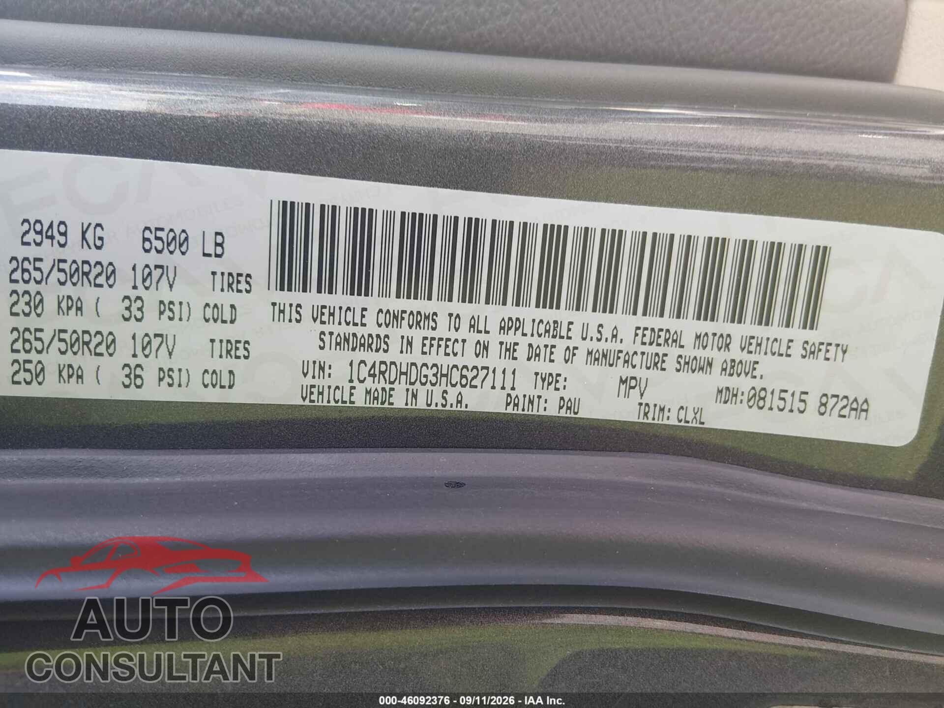 DODGE DURANGO 2017 - 1C4RDHDG3HC627111