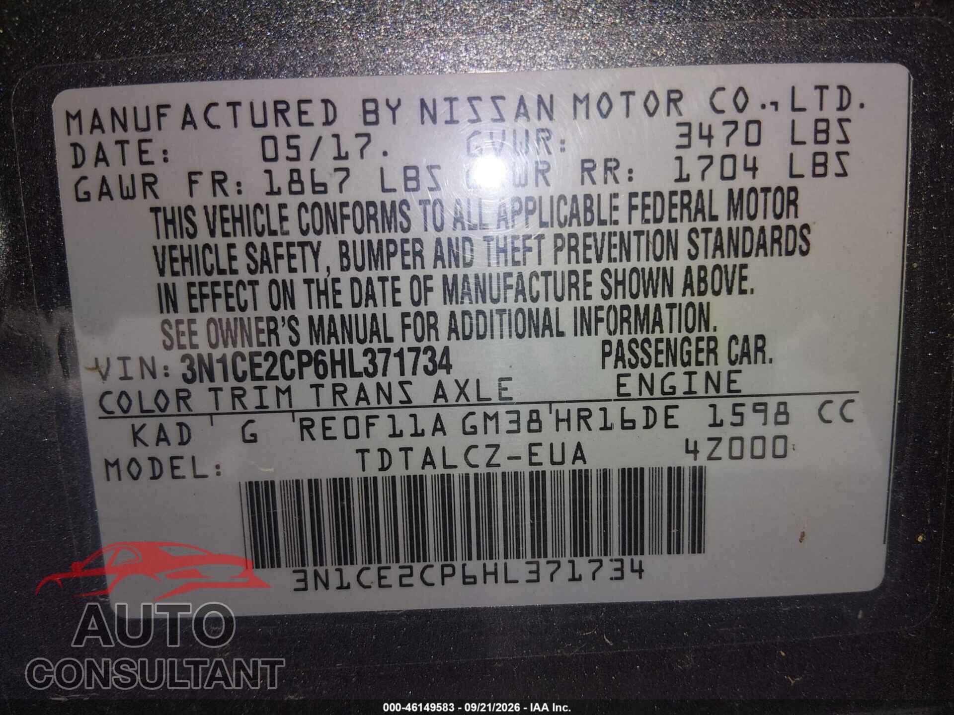 NISSAN VERSA NOTE 2017 - 3N1CE2CP6HL371734