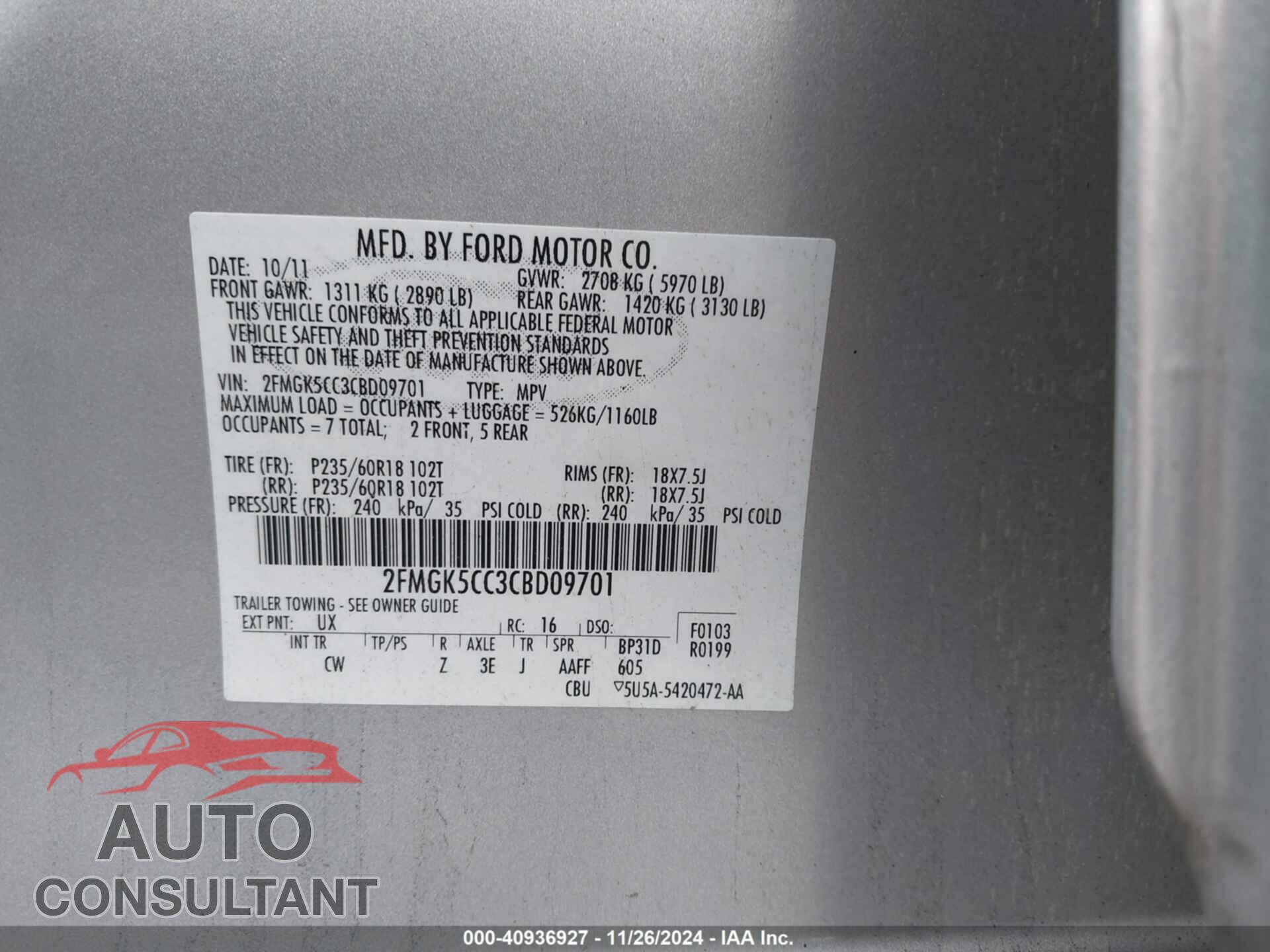 FORD FLEX 2012 - 2FMGK5CC3CBD09701