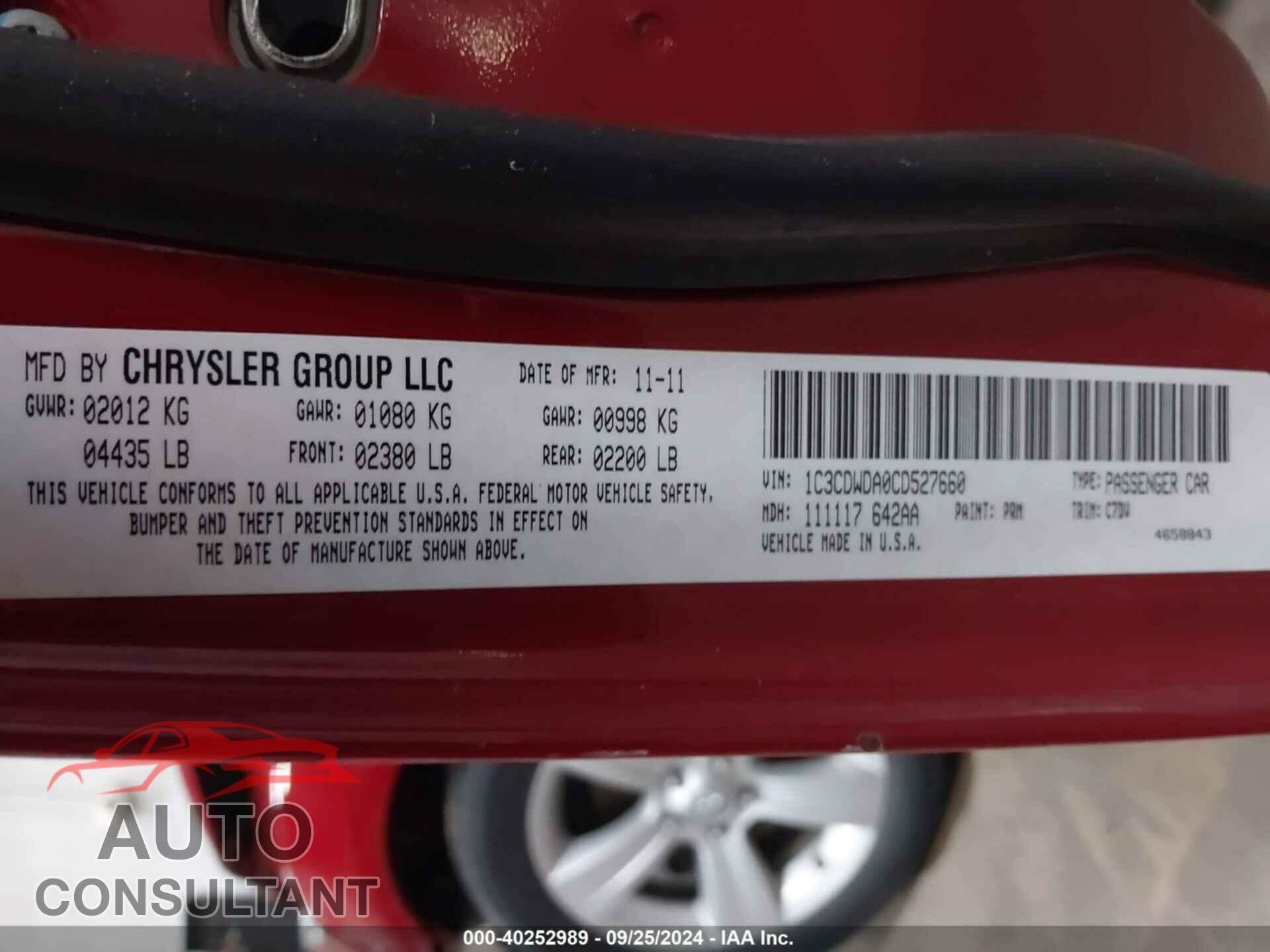 DODGE CALIBER 2012 - 1C3CDWDA0CD527660