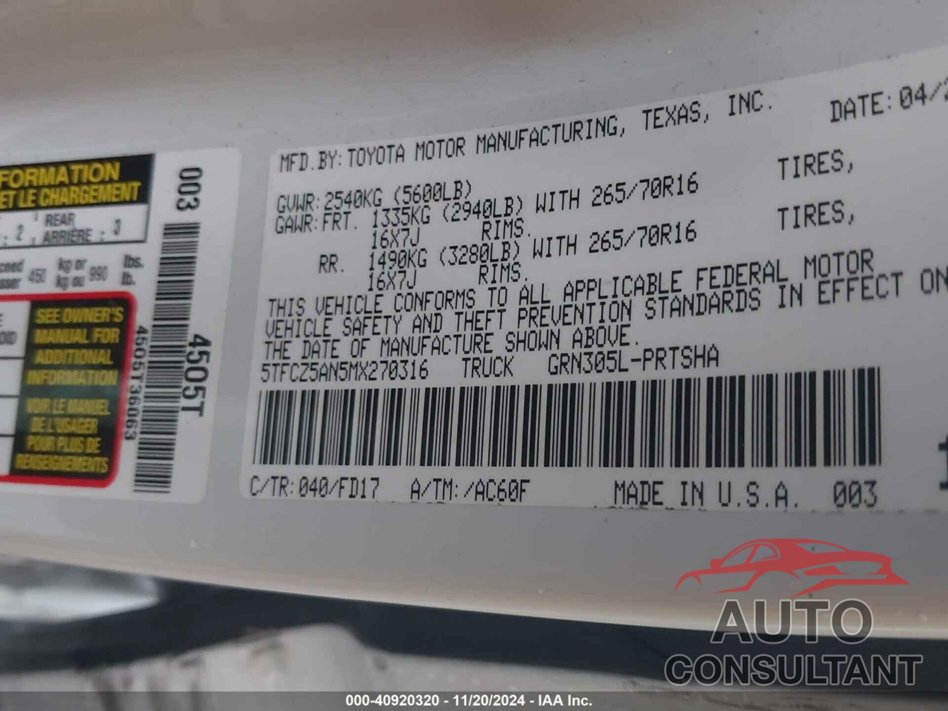 TOYOTA TACOMA 2021 - 5TFCZ5AN5MX270316