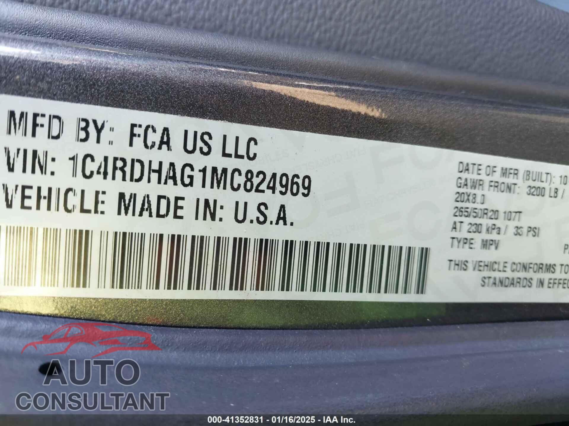 DODGE DURANGO 2021 - 1C4RDHAG1MC824969