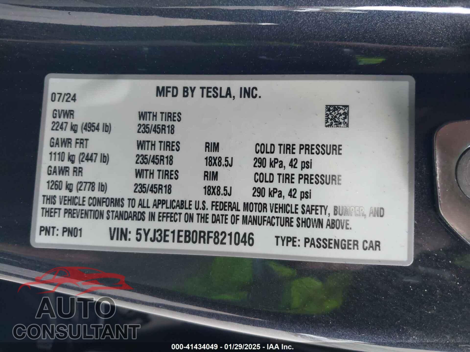 TESLA MODEL 3 2024 - 5YJ3E1EB0RF821046
