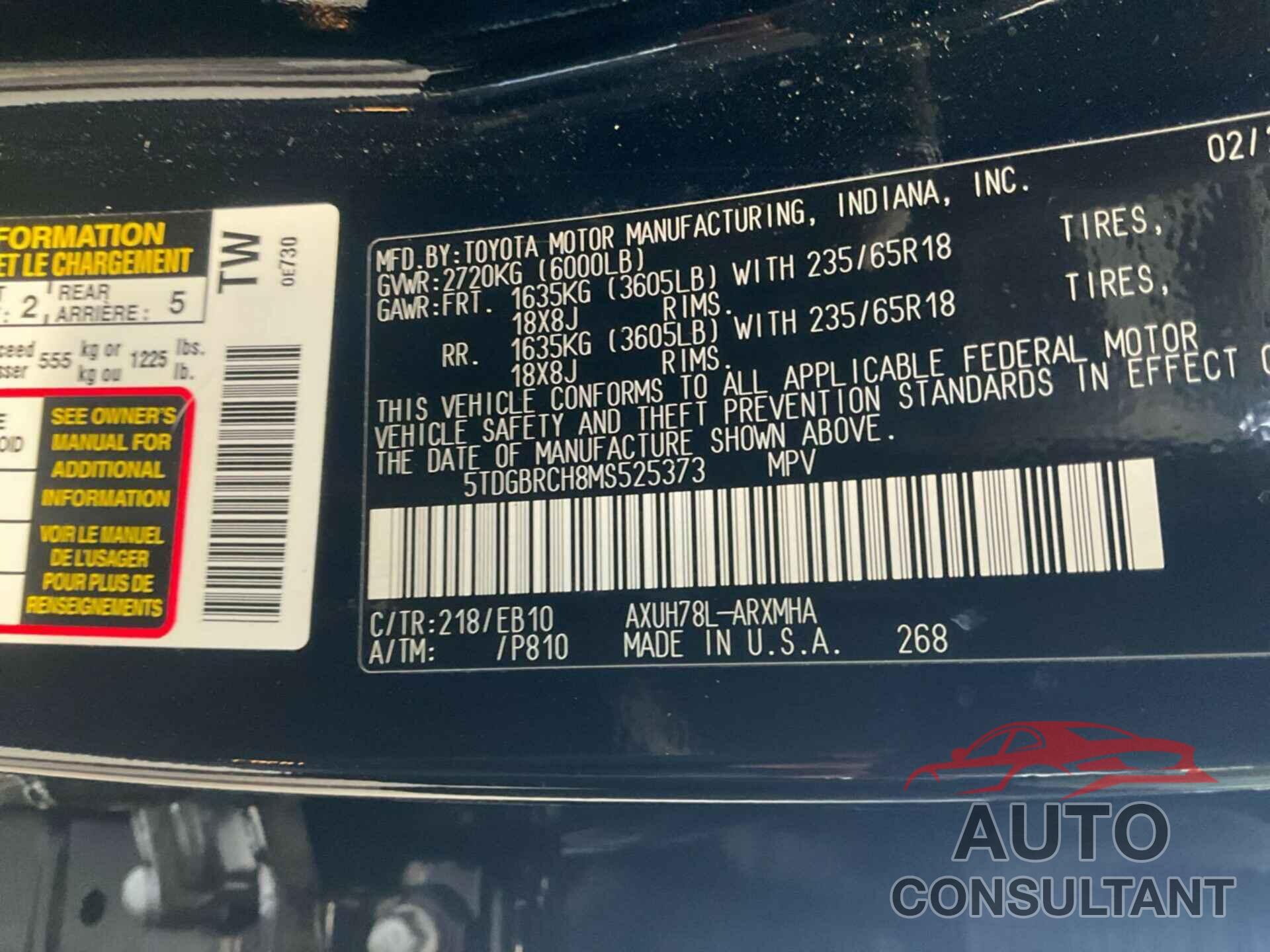 TOYOTA HIGHLANDER 2021 - 5TDGBRCH8MS525373