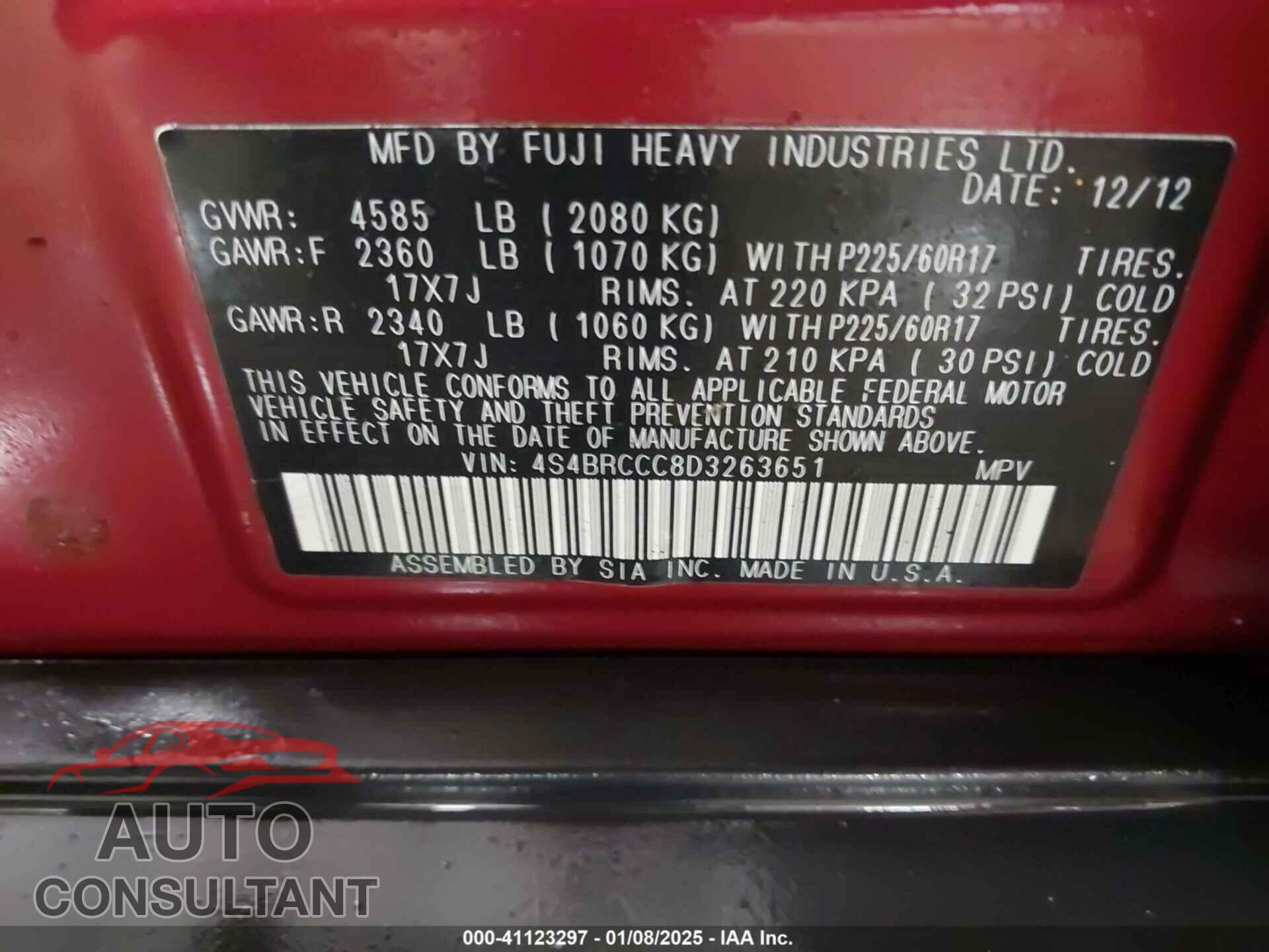 SUBARU OUTBACK 2013 - 4S4BRCCC8D3263651