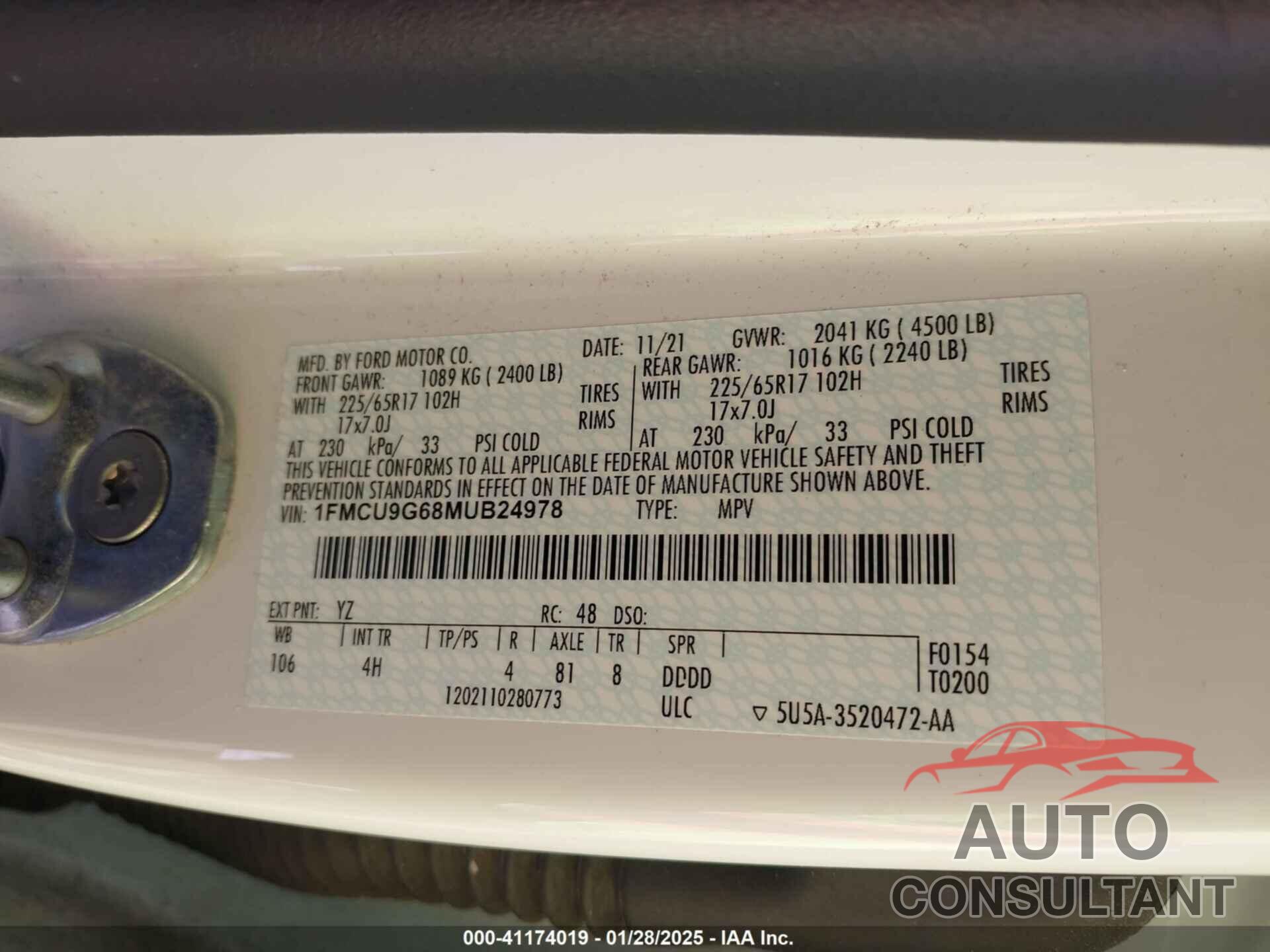 FORD ESCAPE 2021 - 1FMCU9G68MUB24978