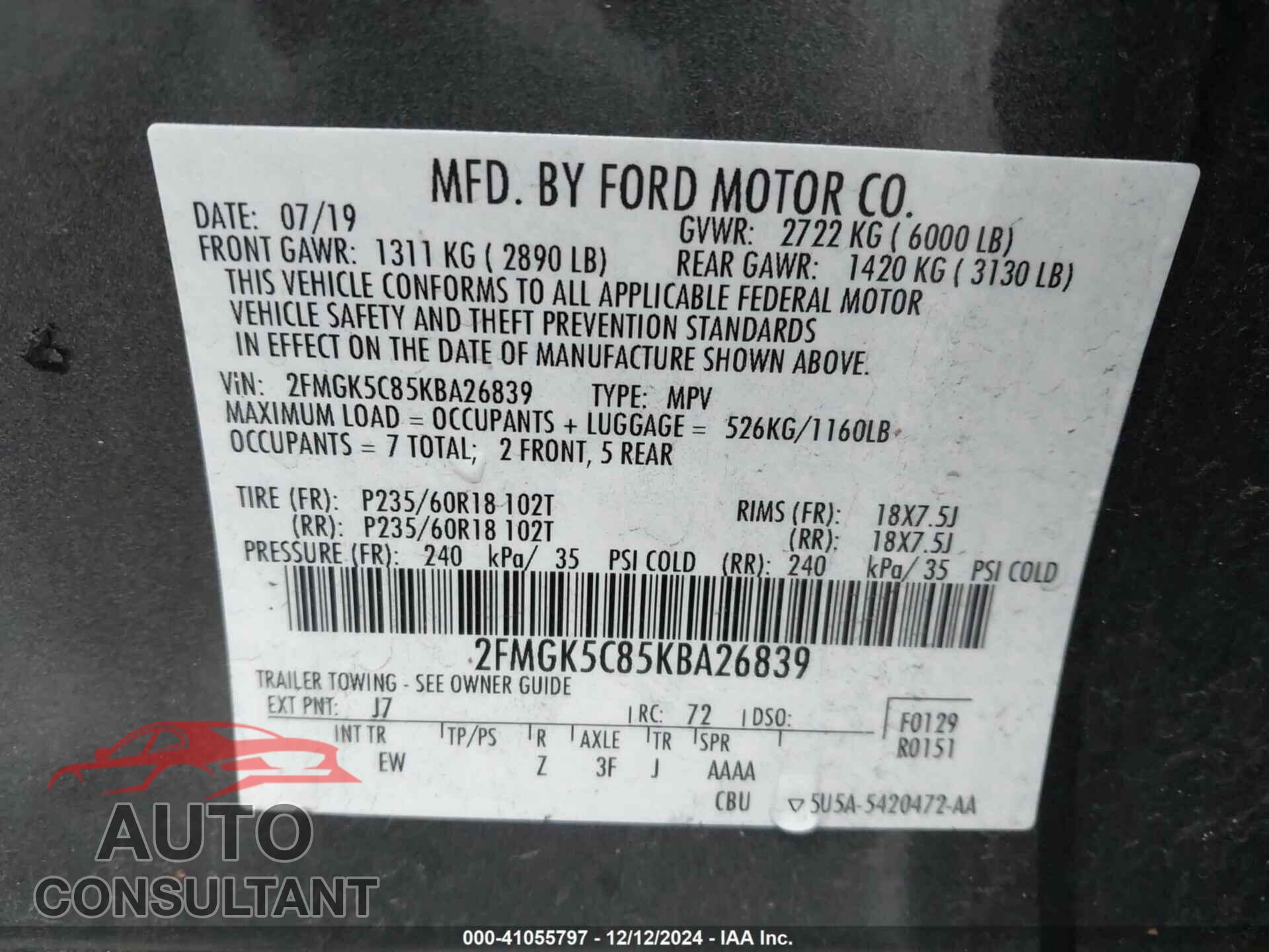 FORD FLEX 2019 - 2FMGK5C85KBA26839