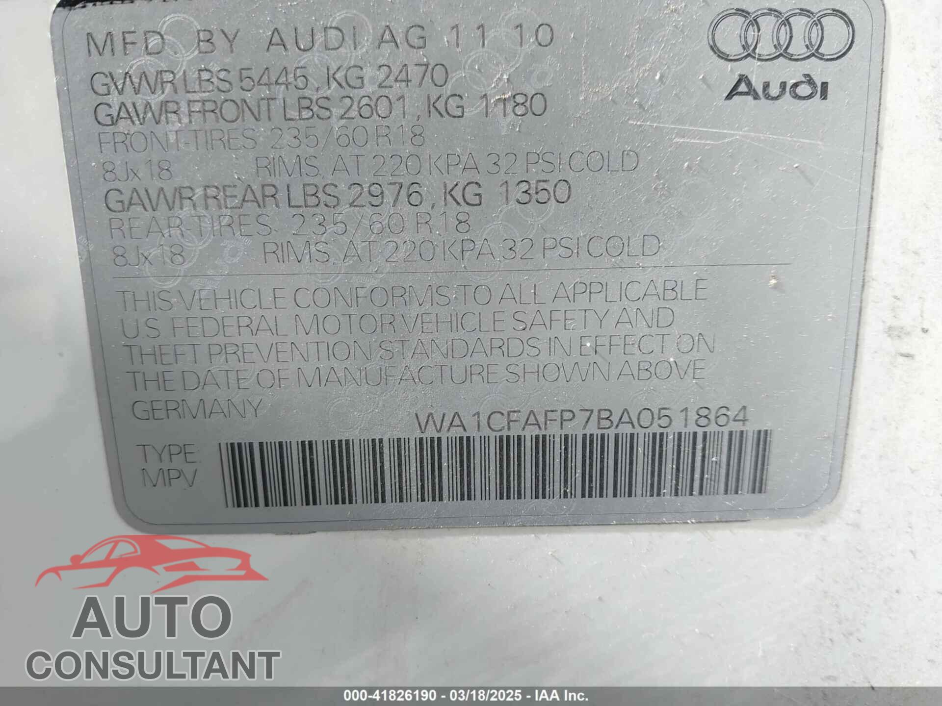 AUDI Q5 2011 - WA1CFAFP7BA051864