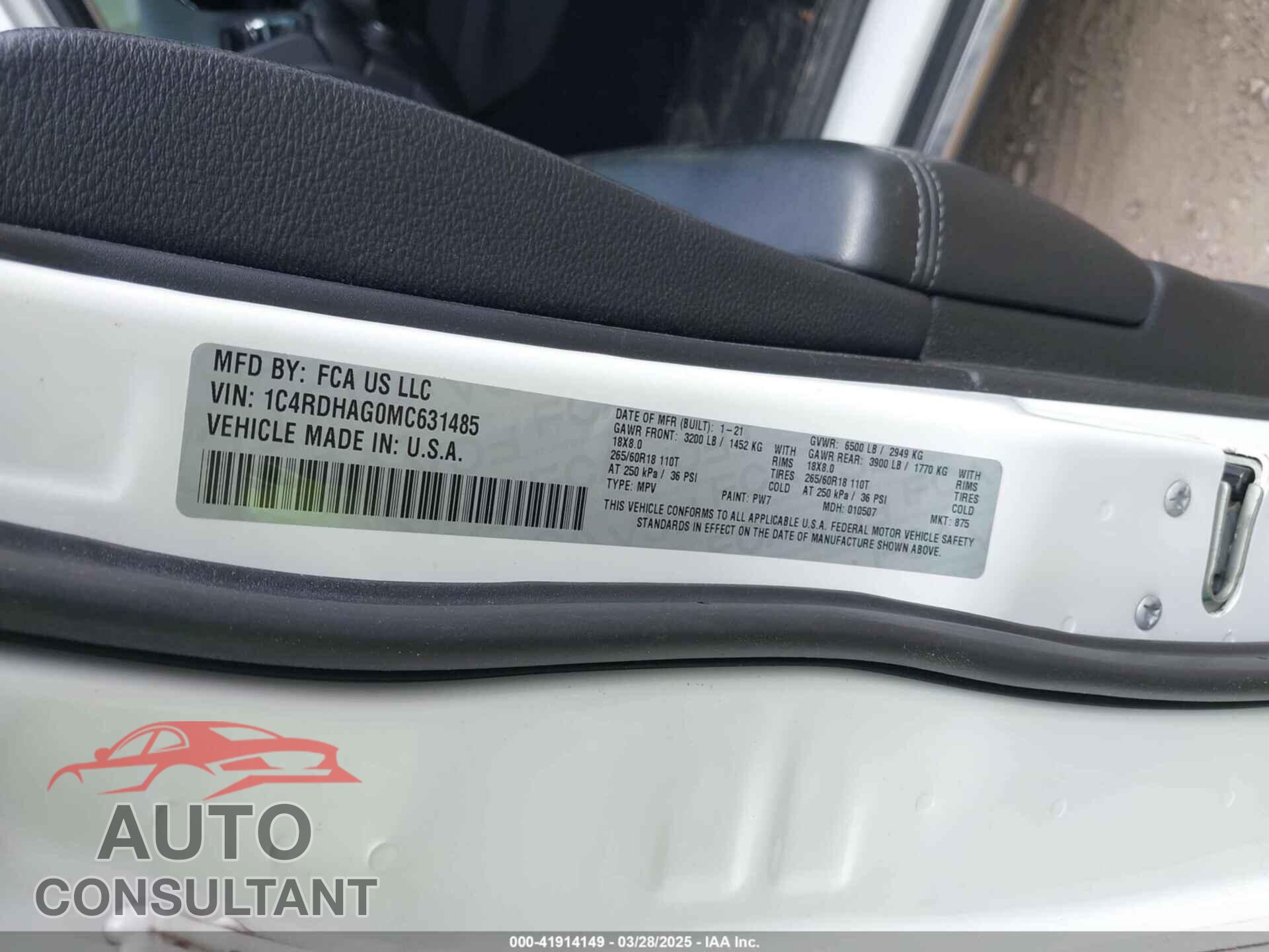 DODGE DURANGO 2021 - 1C4RDHAG0MC631485