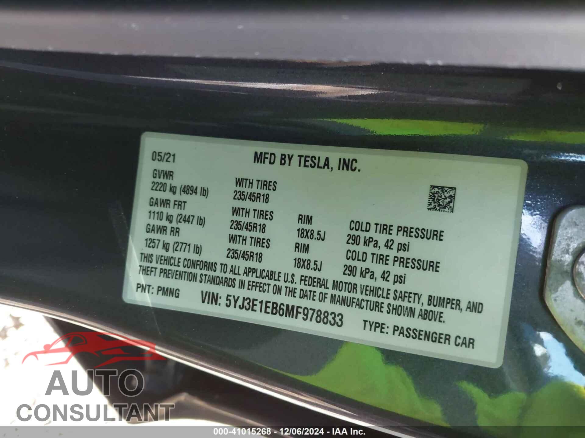 TESLA MODEL 3 2021 - 5YJ3E1EB6MF978833