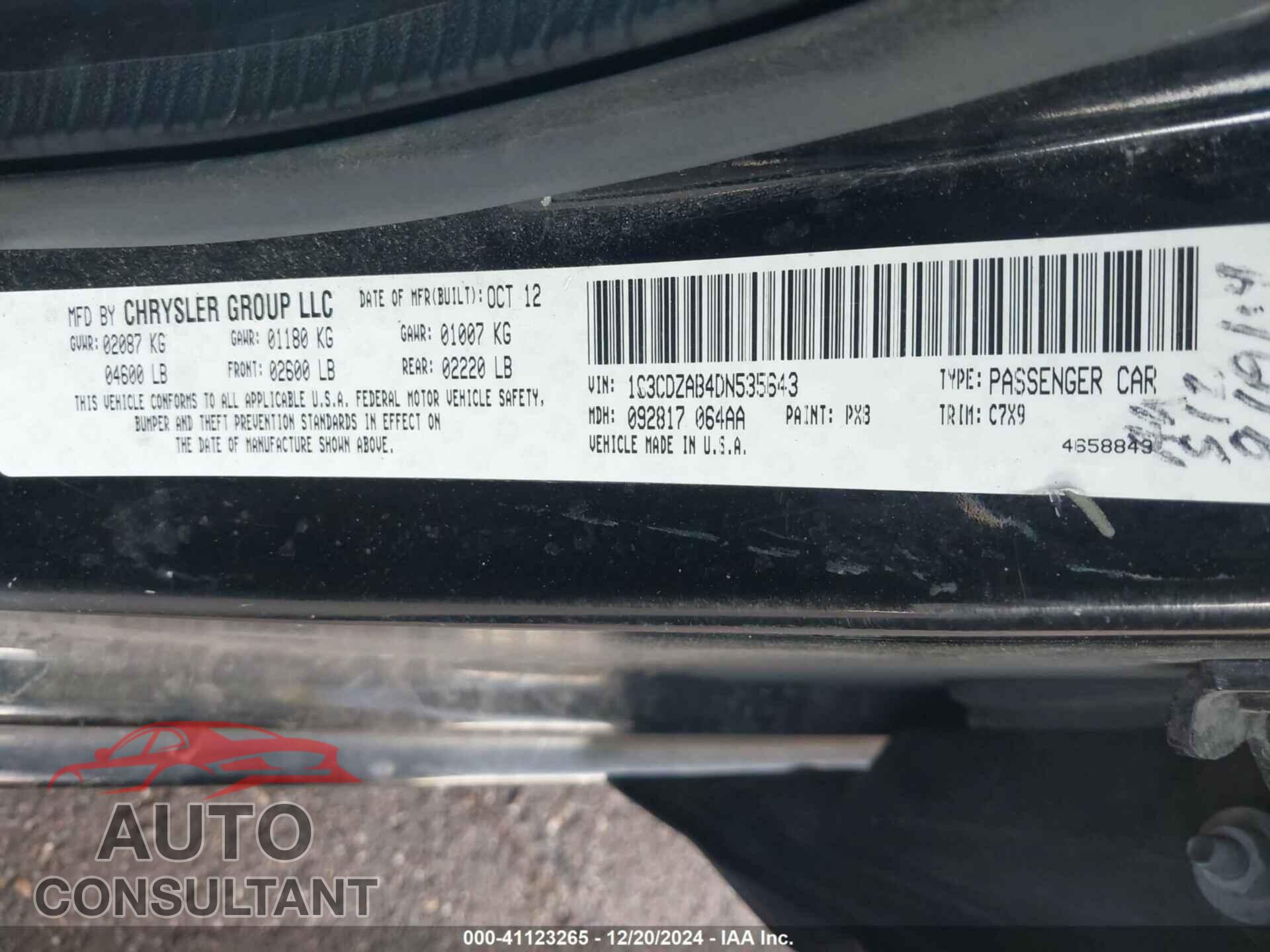 DODGE AVENGER 2013 - 1C3CDZAB4DN535643