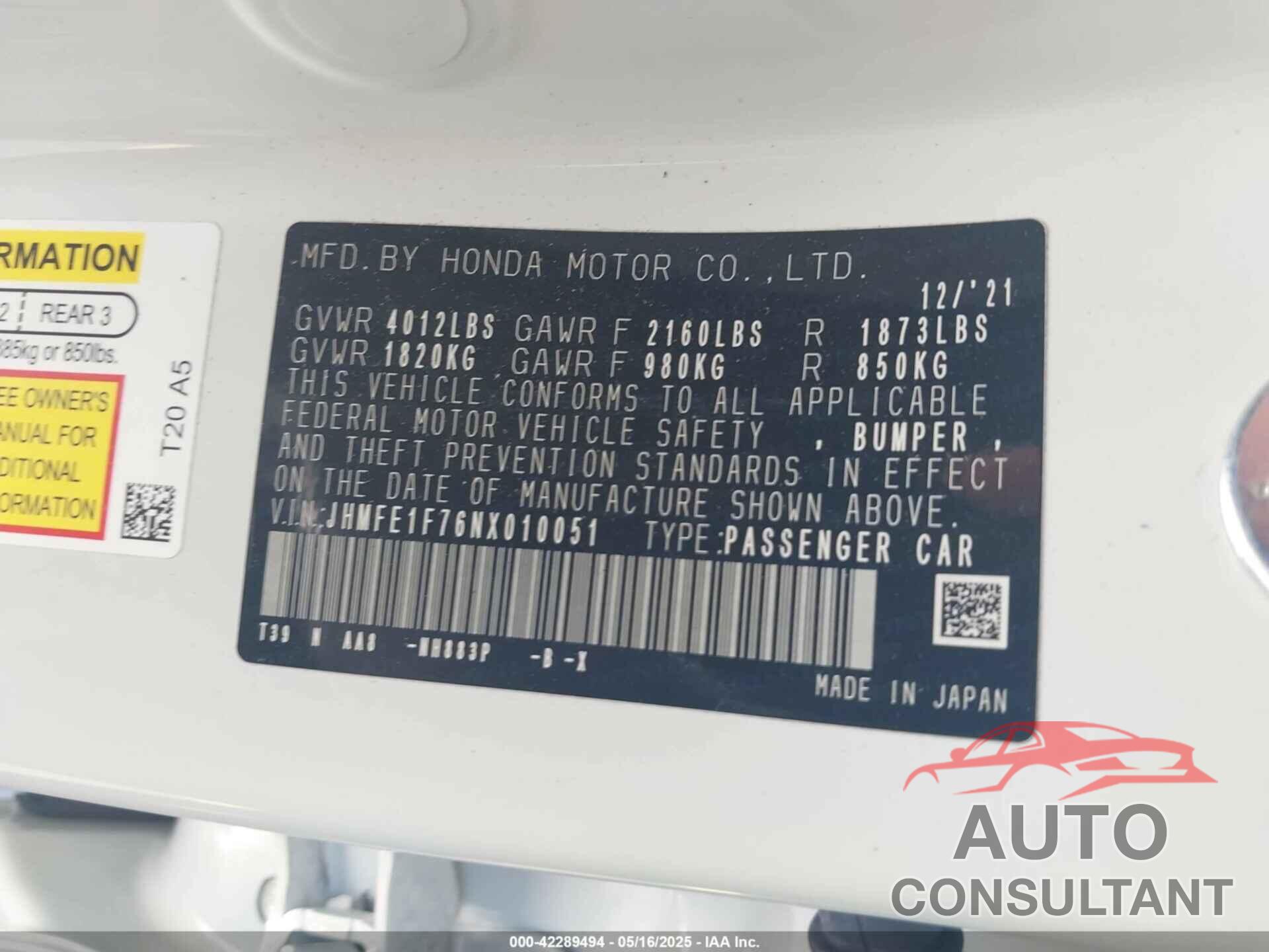HONDA CIVIC 2022 - JHMFE1F76NX010051