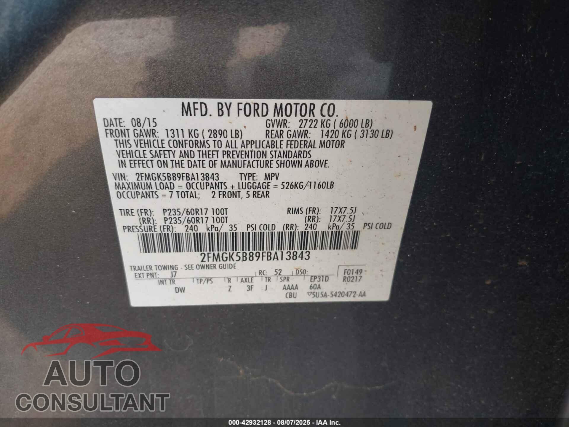 FORD FLEX 2015 - 2FMGK5B89FBA13843