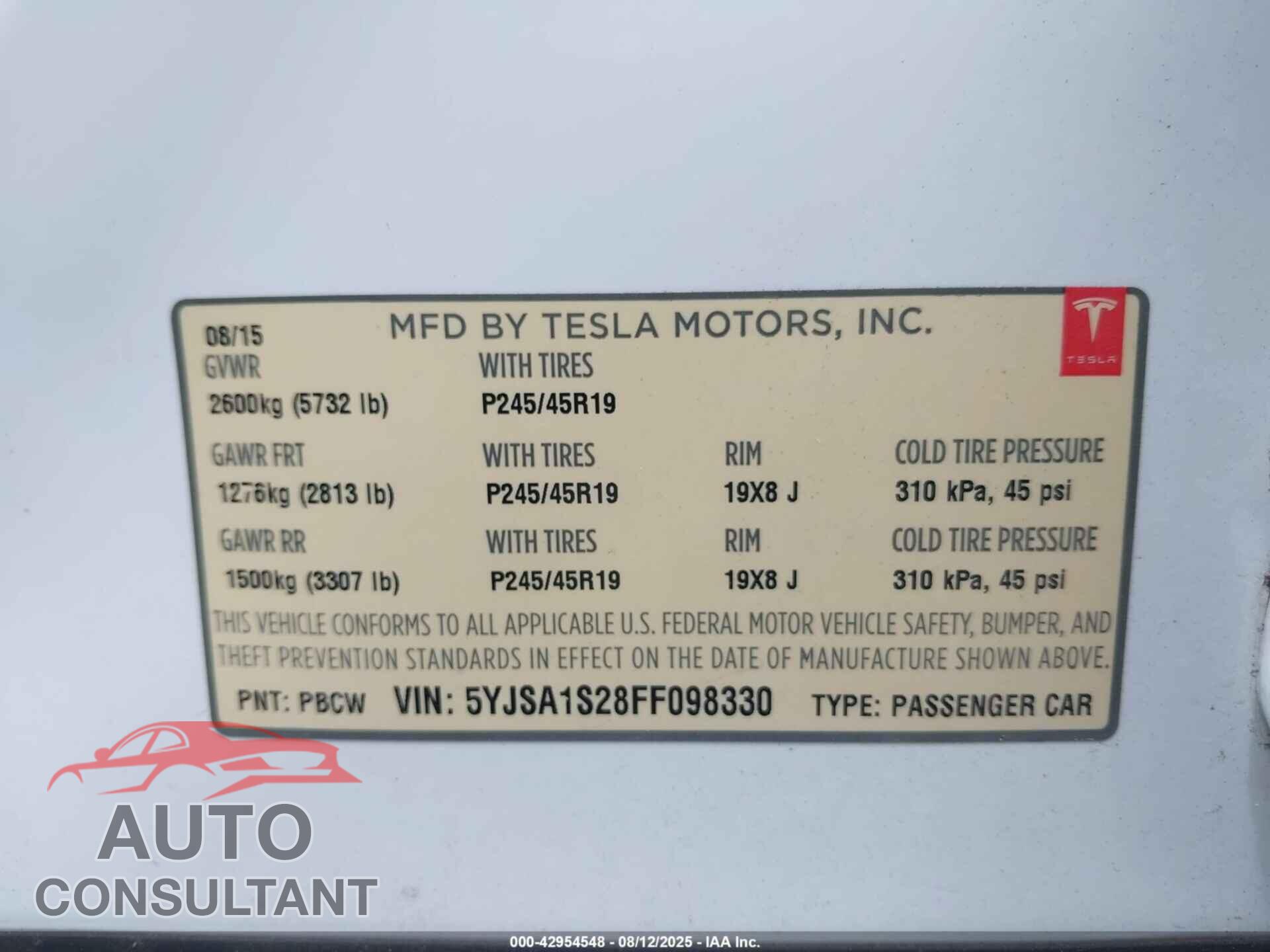 TESLA MODEL S 2015 - 5YJSA1S28FF098330