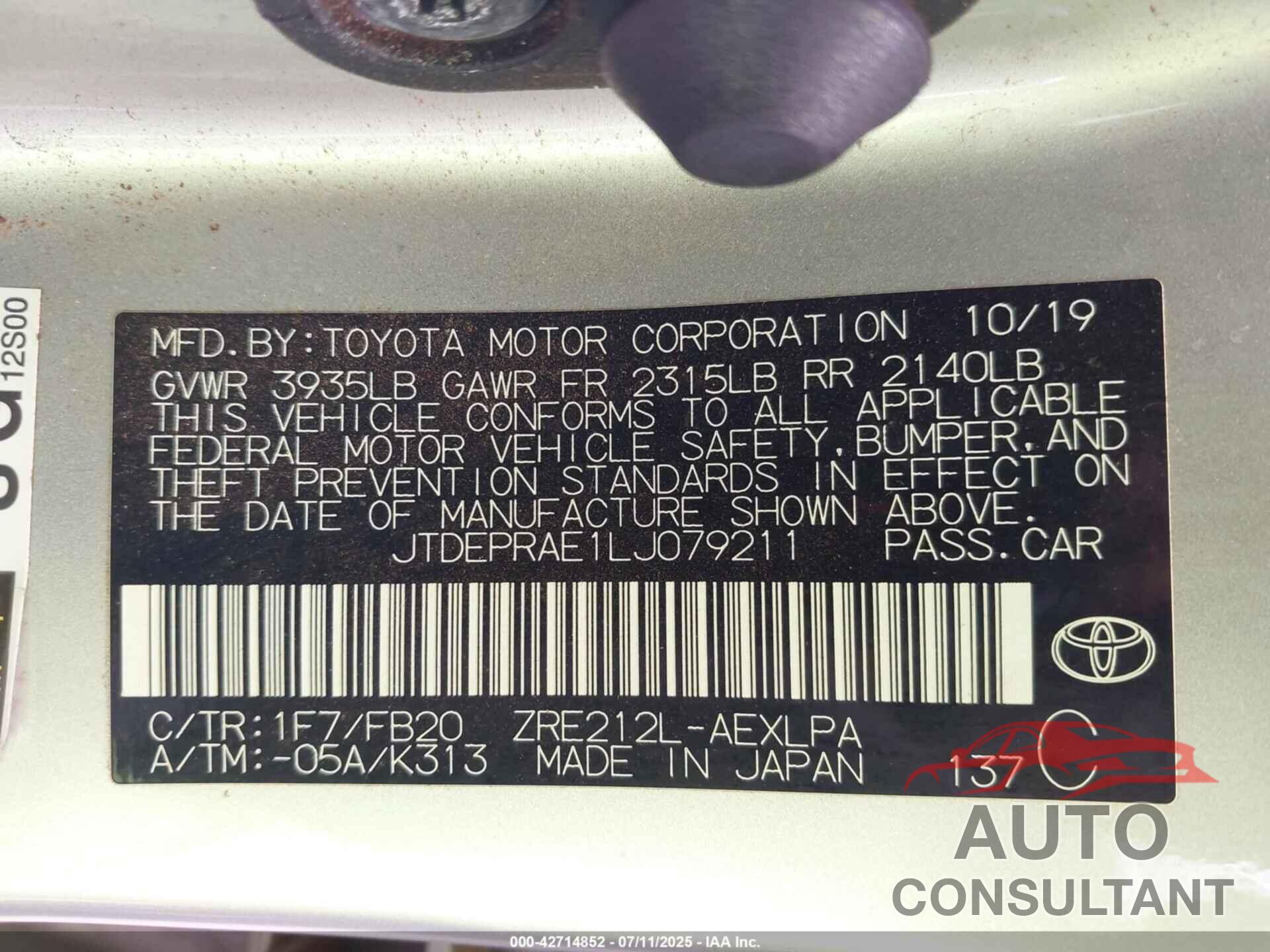 TOYOTA COROLLA 2020 - JTDEPRAE1LJ079211