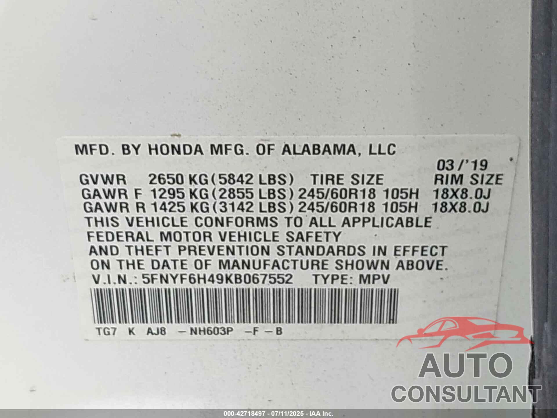 HONDA PILOT 2019 - 5FNYF6H49KB067552