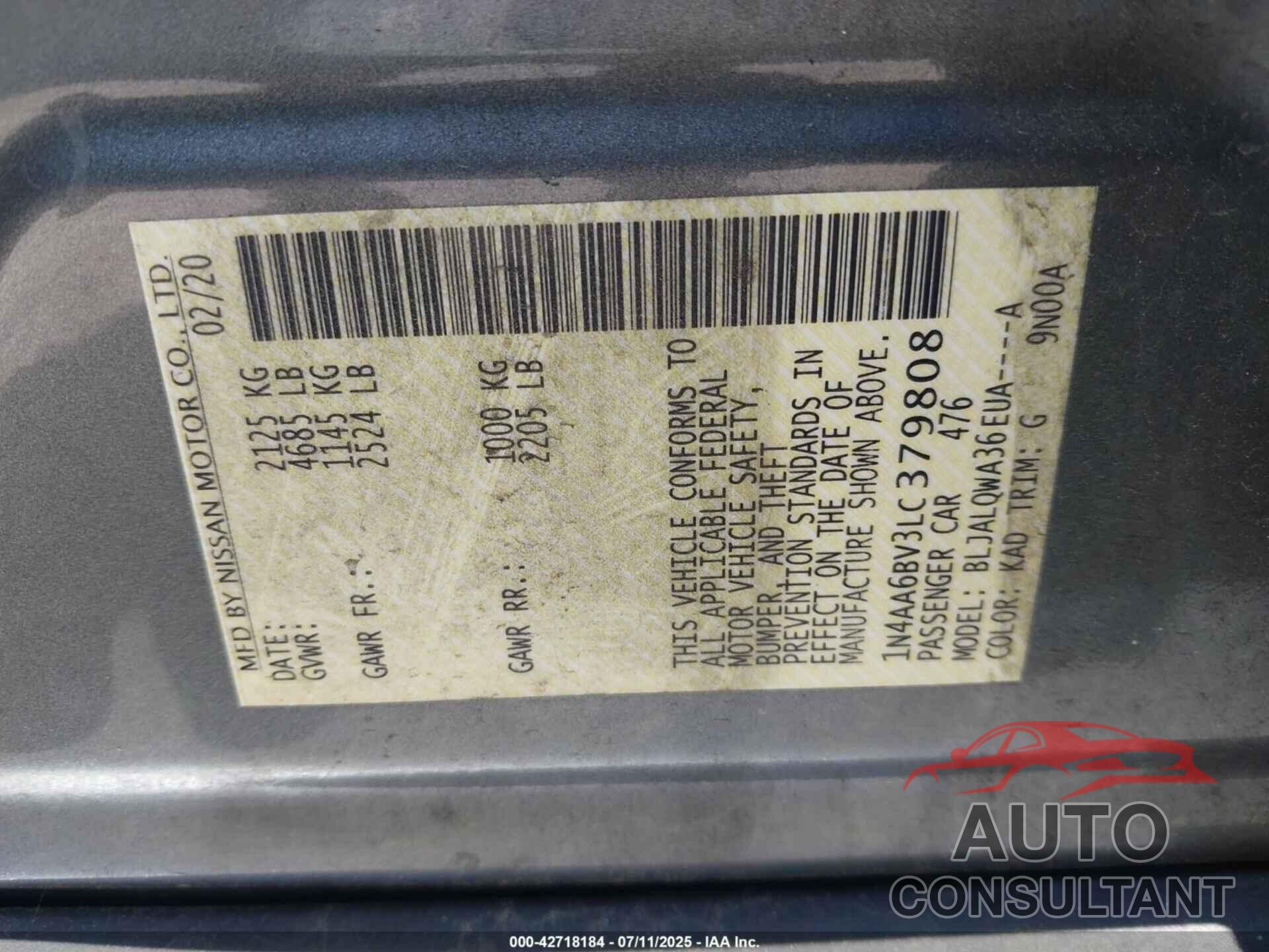 NISSAN MAXIMA 2020 - 1N4AA6BV3LC379808
