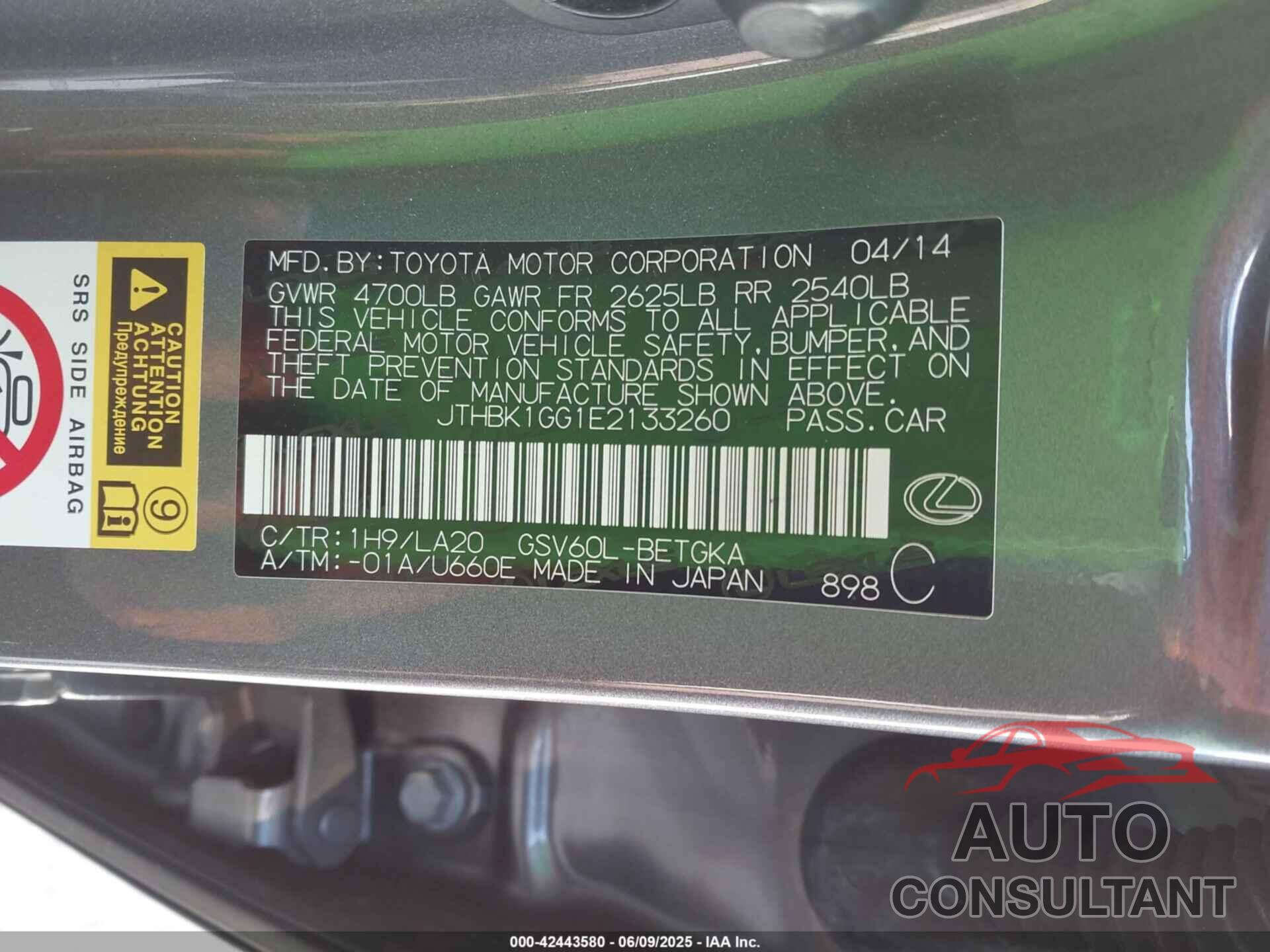 LEXUS ES 350 2014 - JTHBK1GG1E2133260