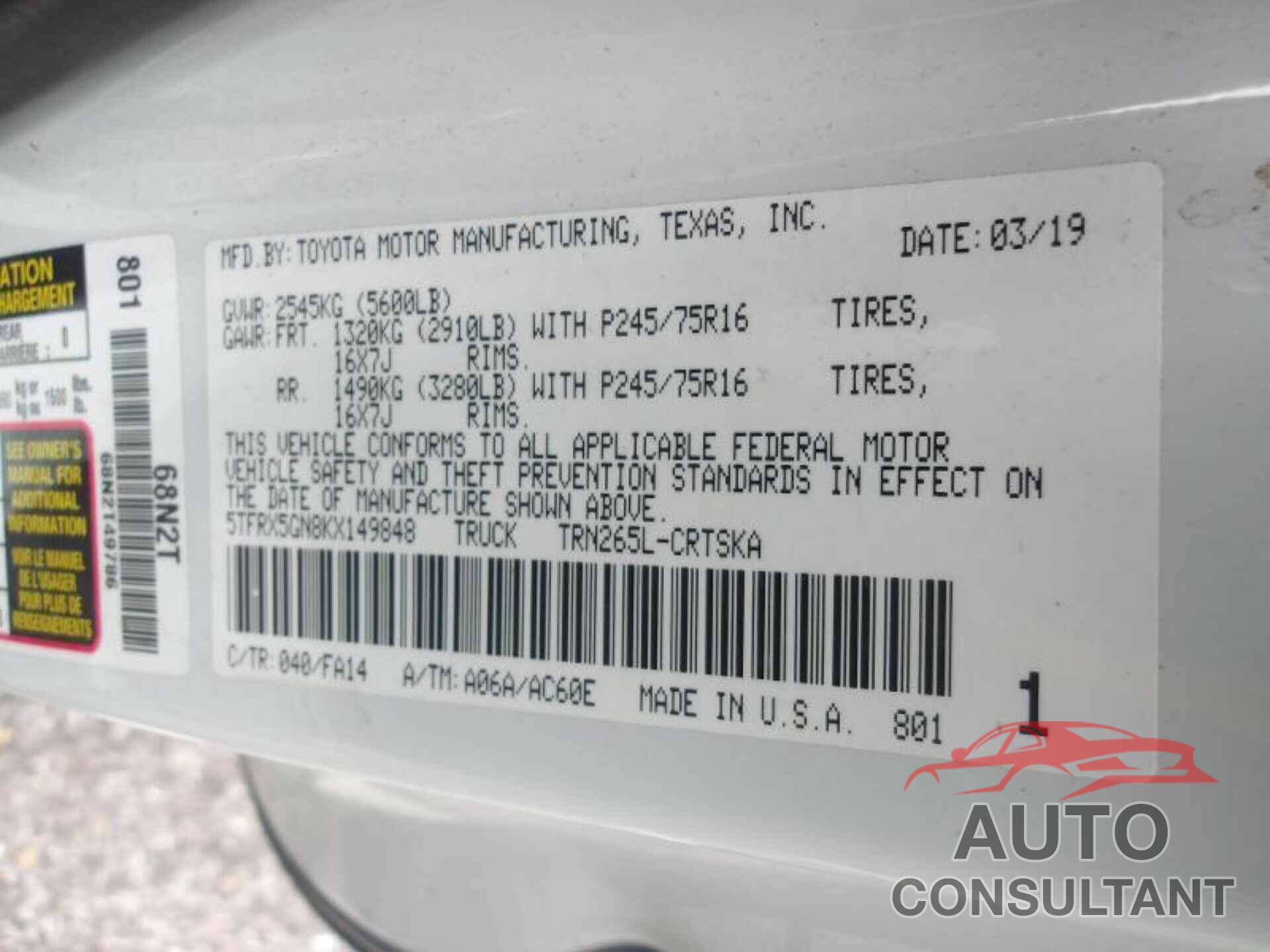TOYOTA TACOMA 2019 - 5TFRX5GN8KX149848