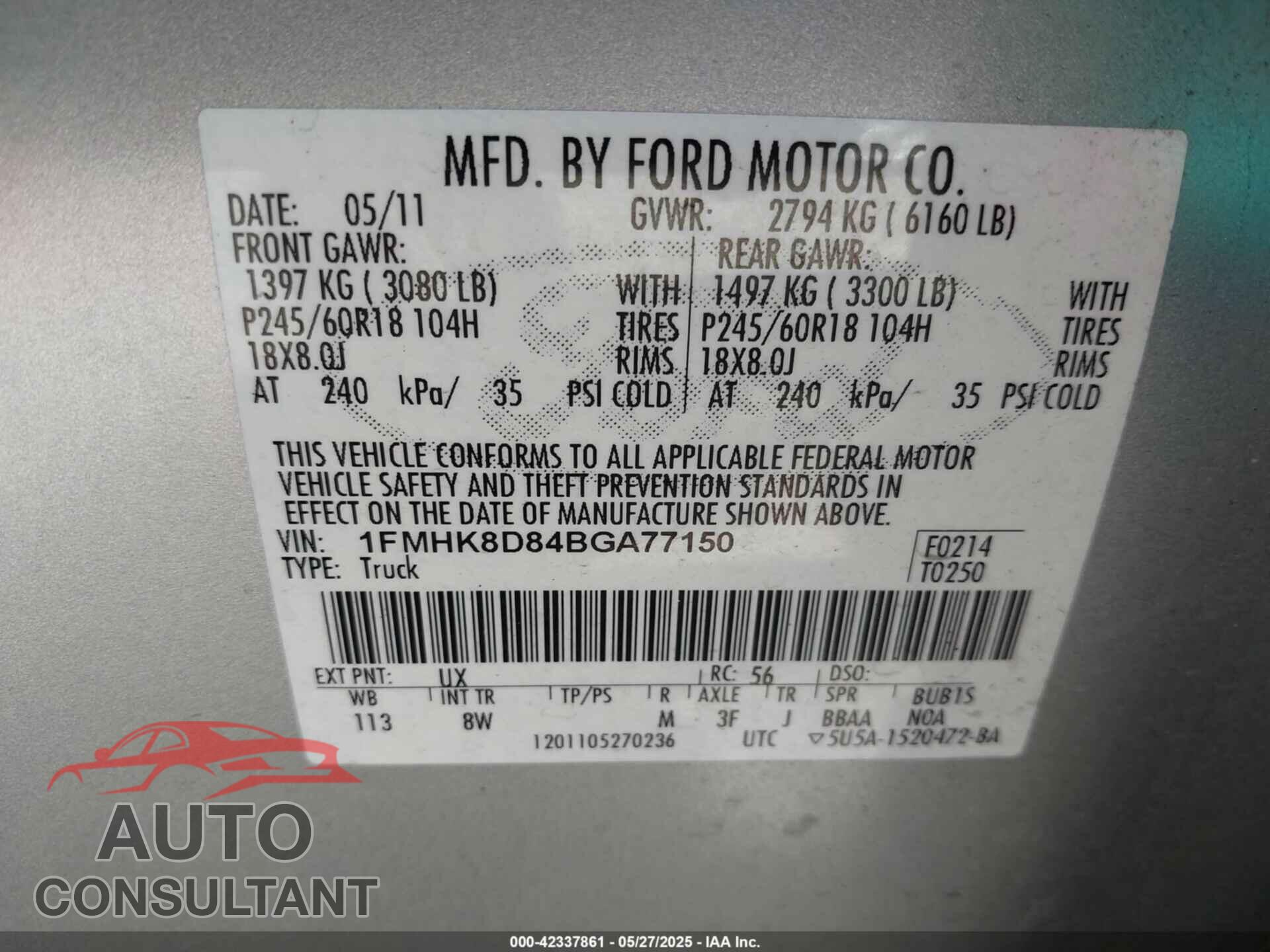 FORD EXPLORER 2011 - 1FMHK8D84BGA77150