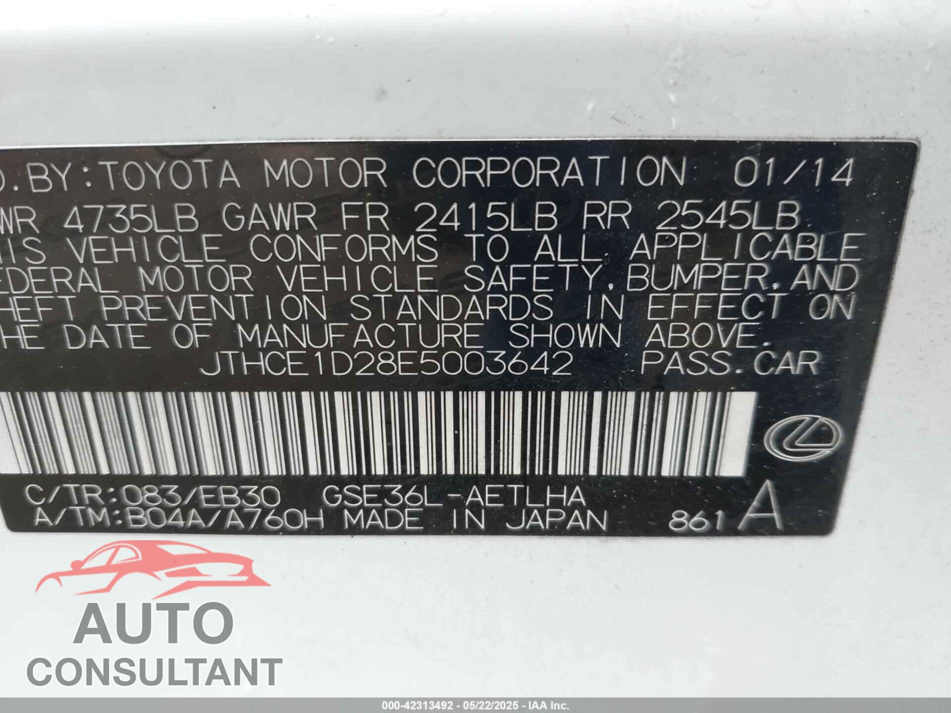 LEXUS IS 350 2014 - JTHCE1D28E5003642