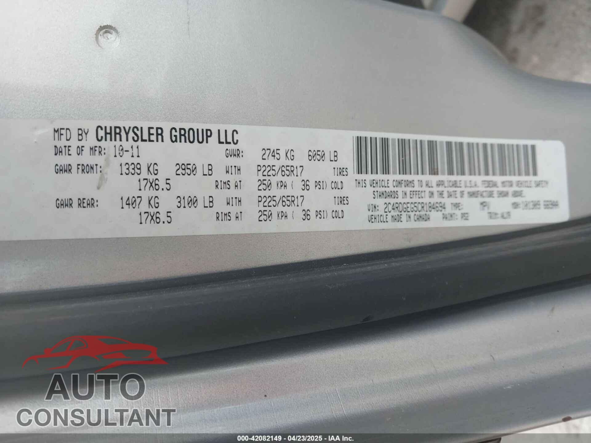DODGE GRAND CARAVAN 2012 - 2C4RDGEG5CR184694