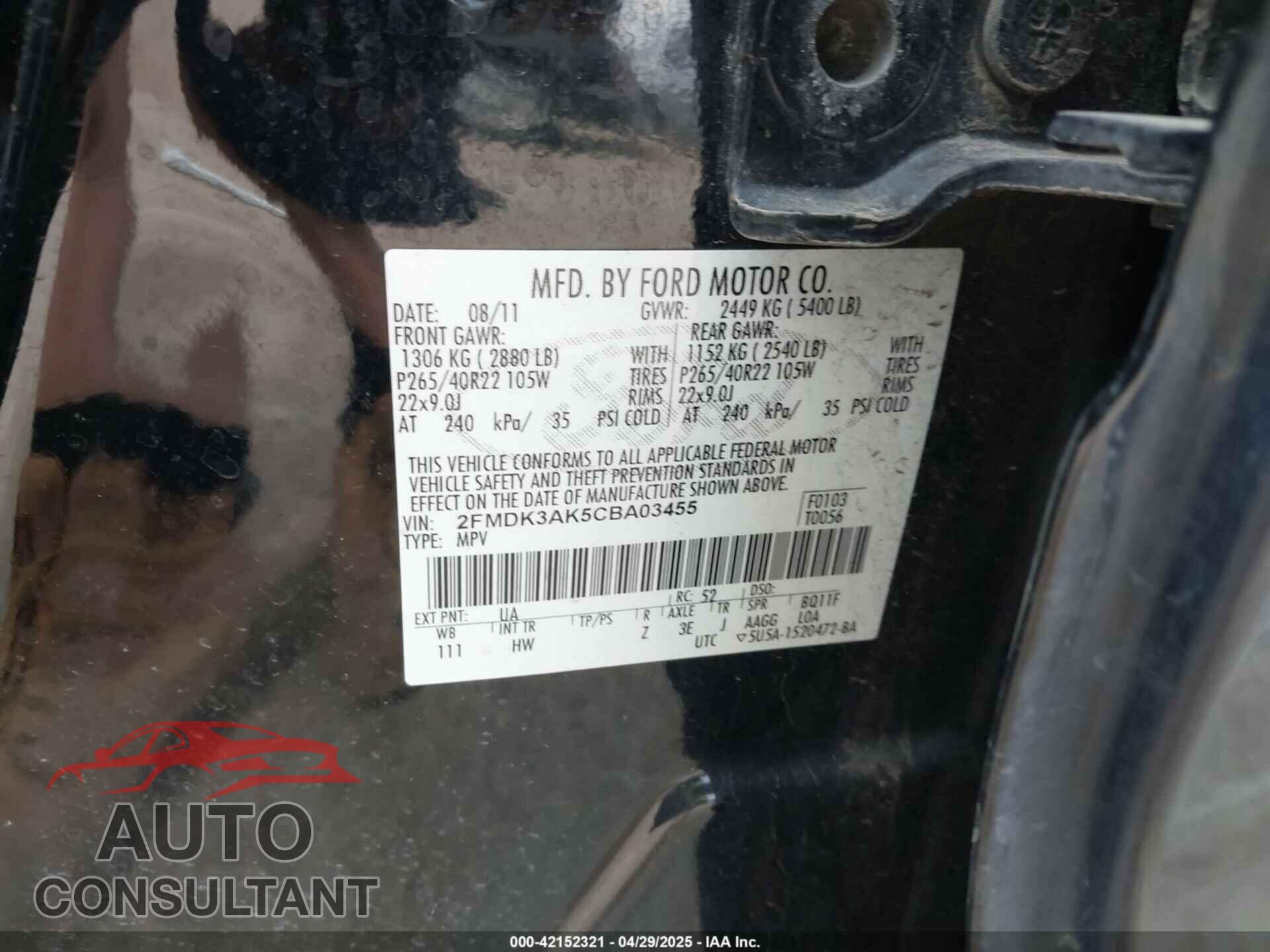 FORD EDGE 2012 - 2FMDK3AK5CBA03455