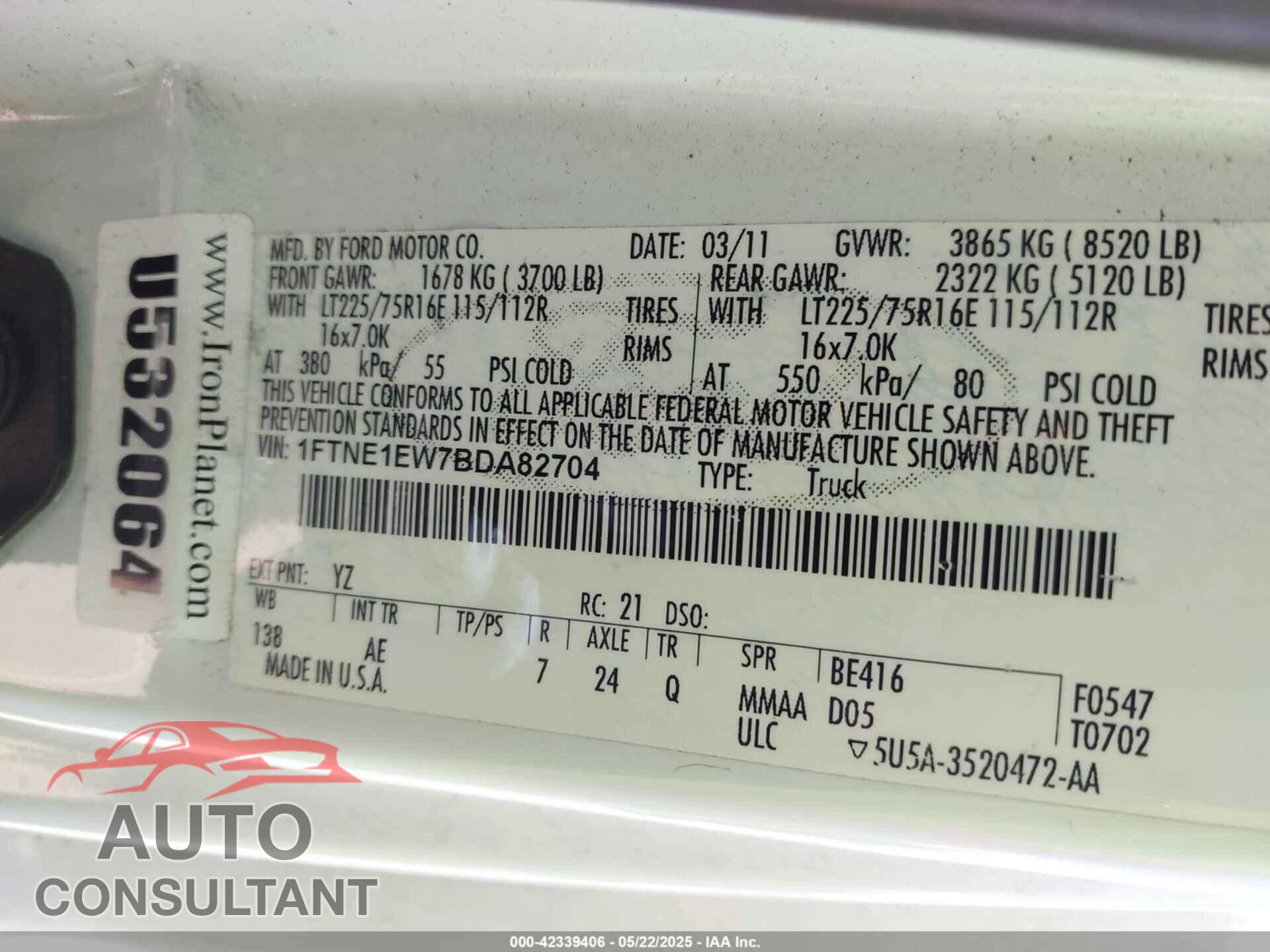FORD E-150 2011 - 1FTNE1EW7BDA82704