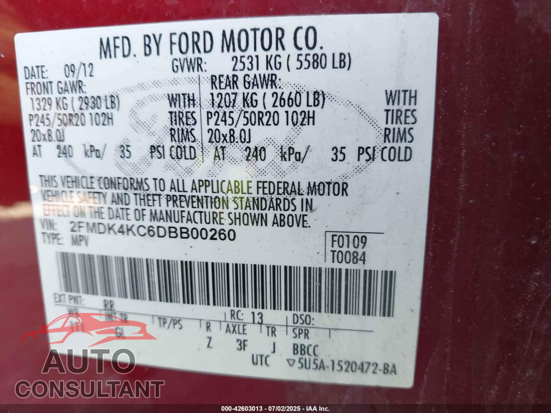 FORD EDGE 2013 - 2FMDK4KC6DBB00260
