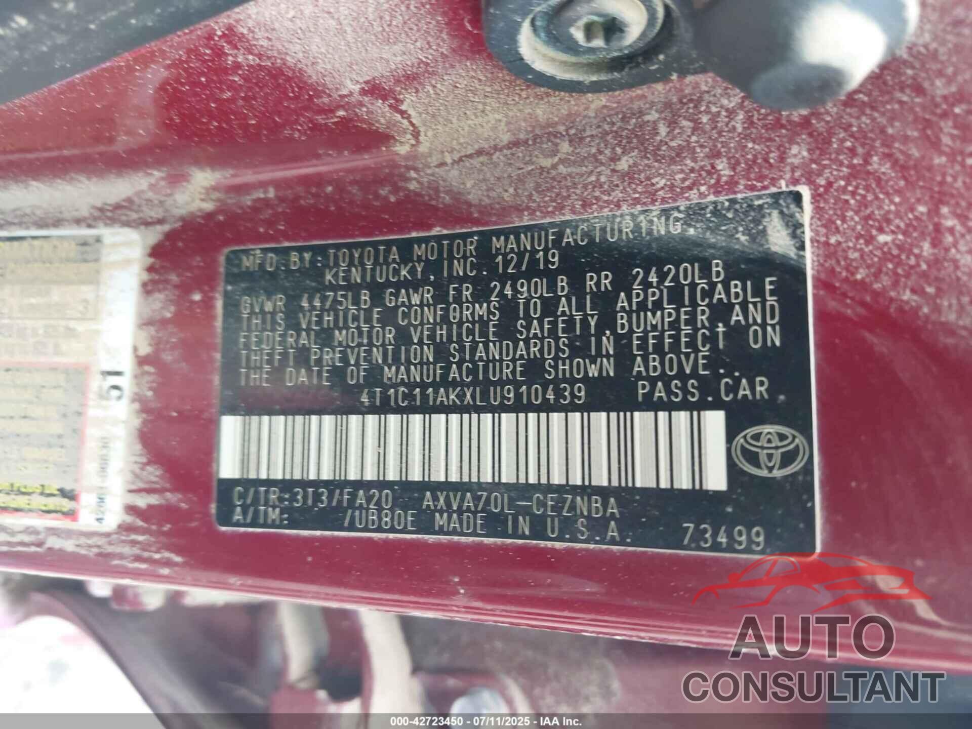 TOYOTA CAMRY 2020 - 4T1C11AKXLU910439