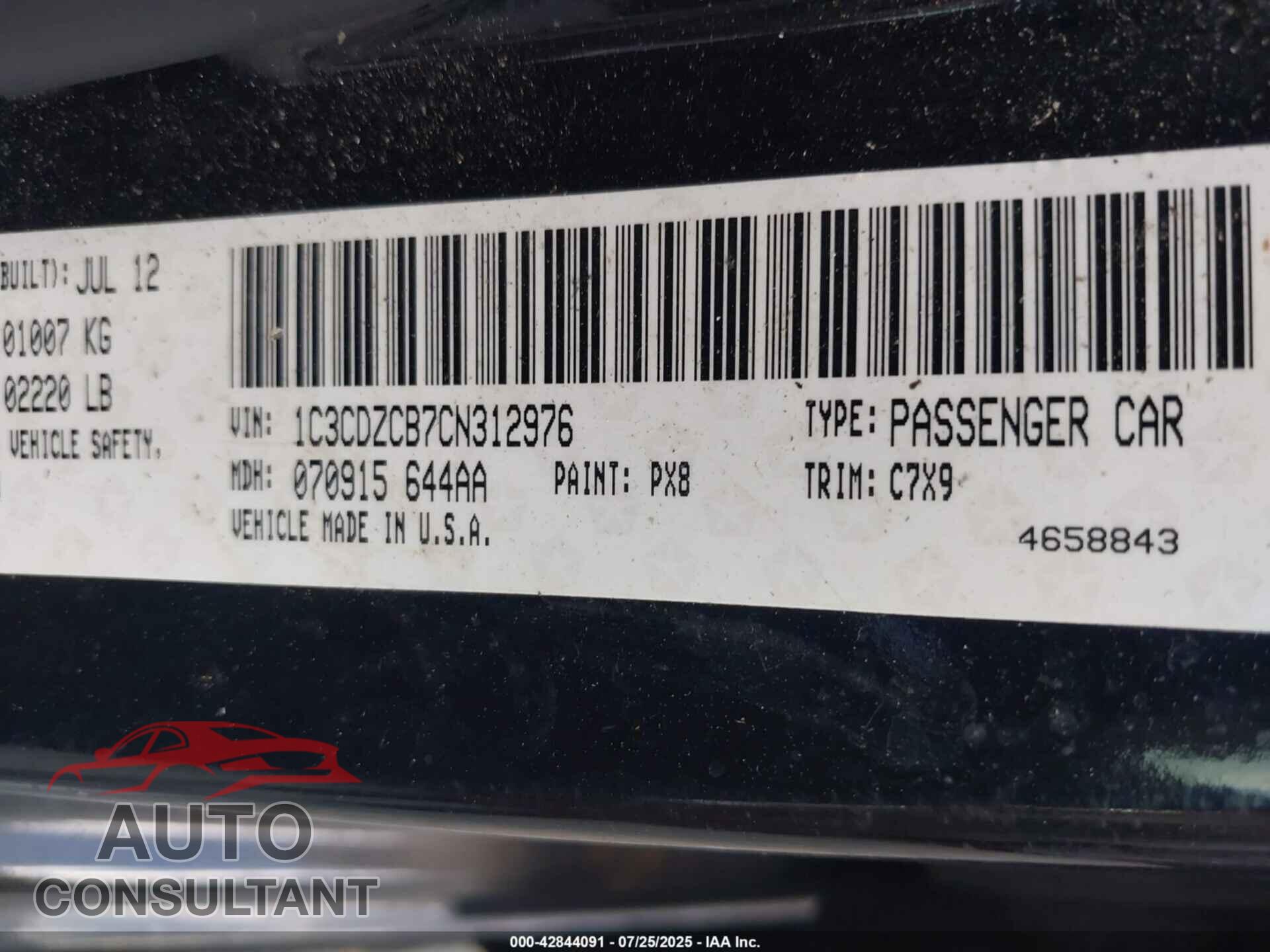 DODGE AVENGER 2012 - 1C3CDZCB7CN312976