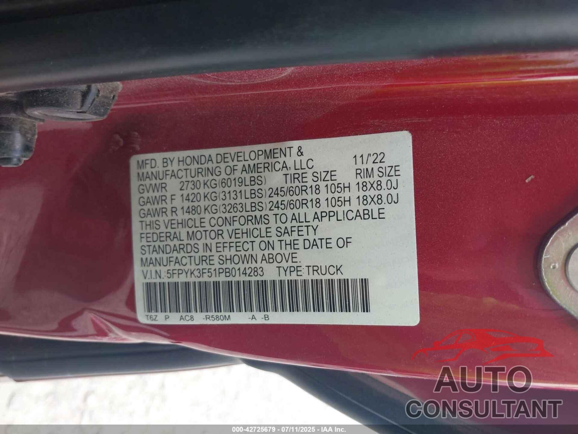 HONDA RIDGELINE 2023 - 5FPYK3F51PB014283