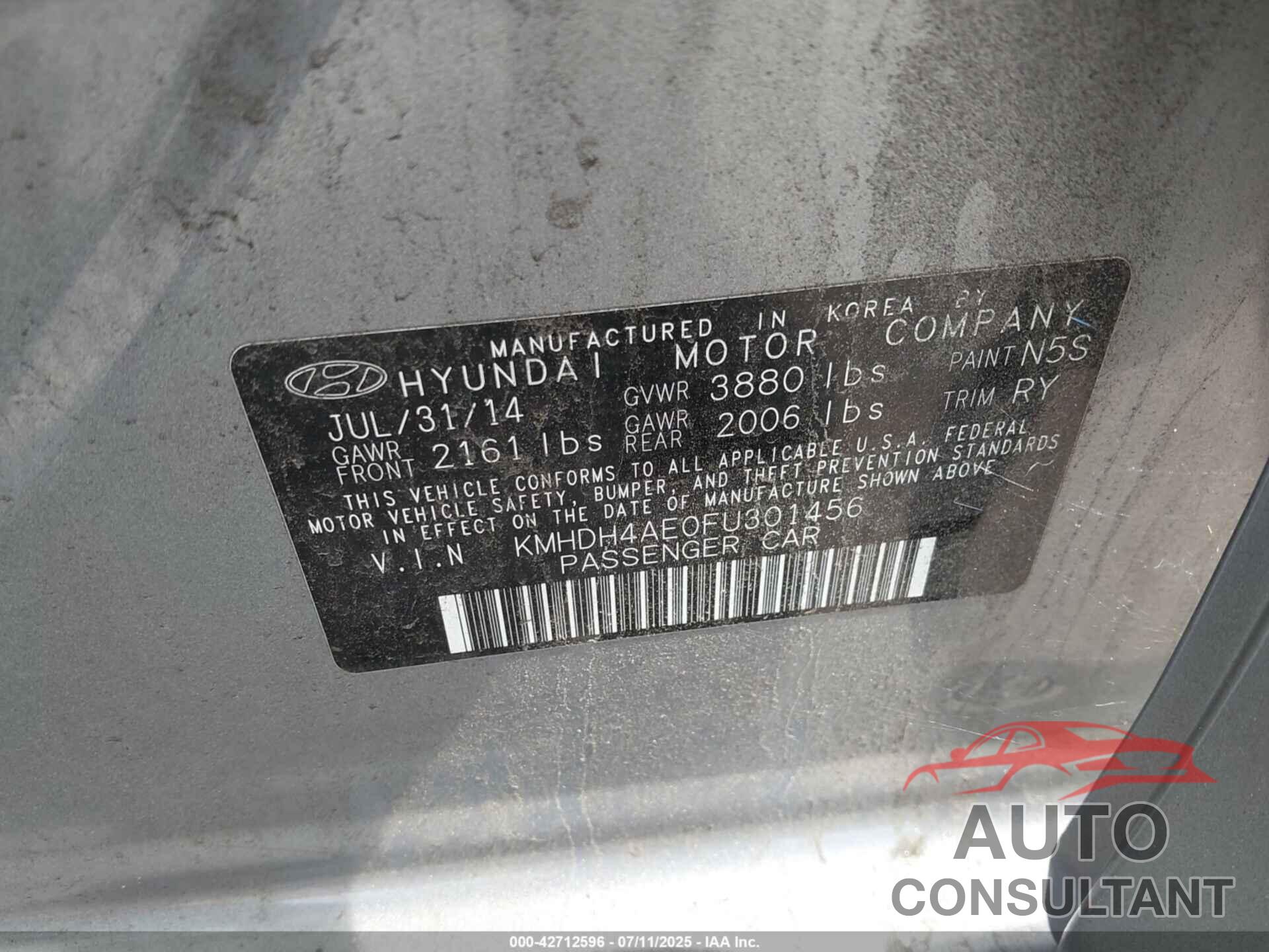 HYUNDAI ELANTRA 2015 - KMHDH4AE0FU301456