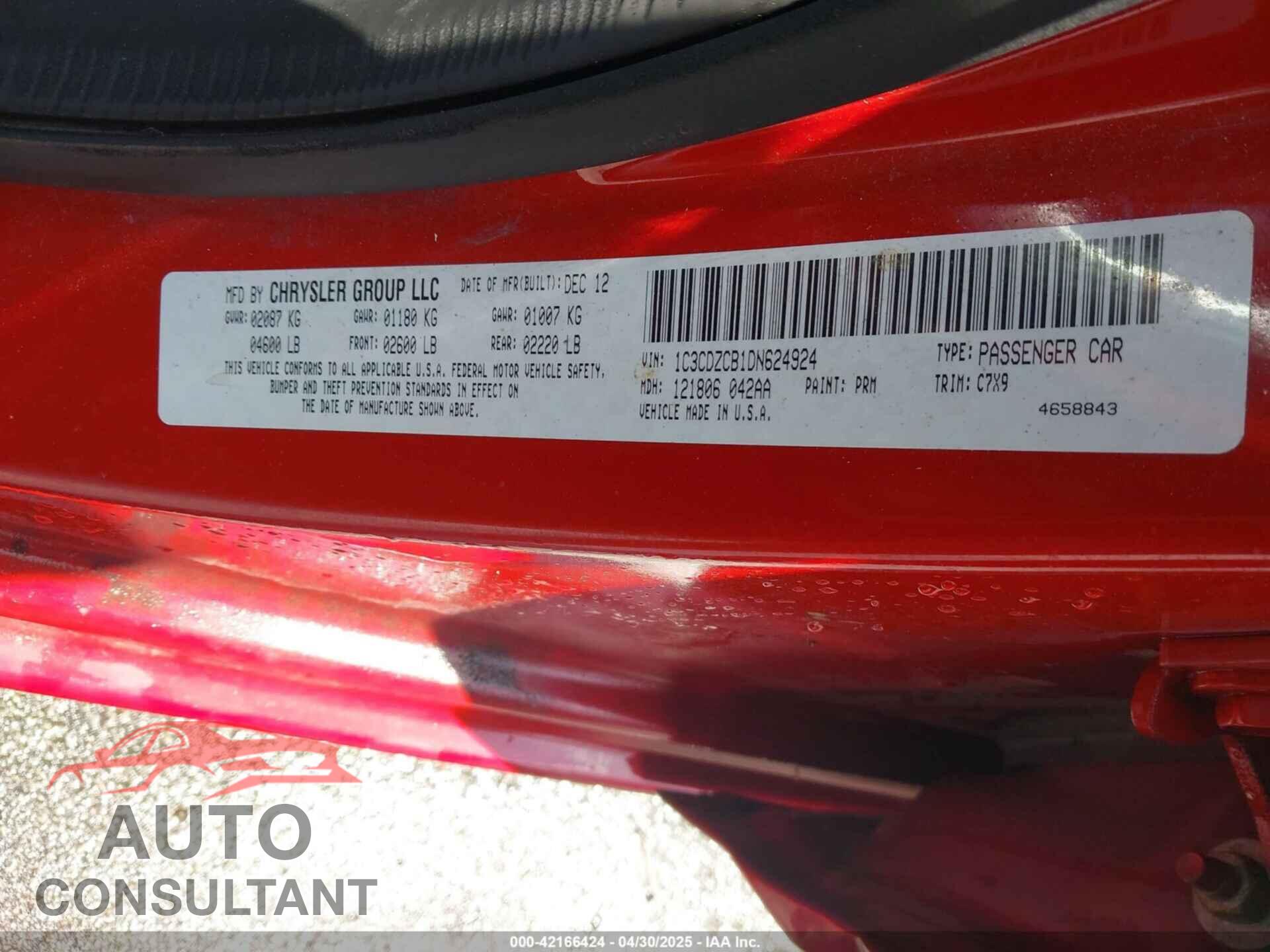 DODGE AVENGER 2013 - 1C3CDZCB1DN624924