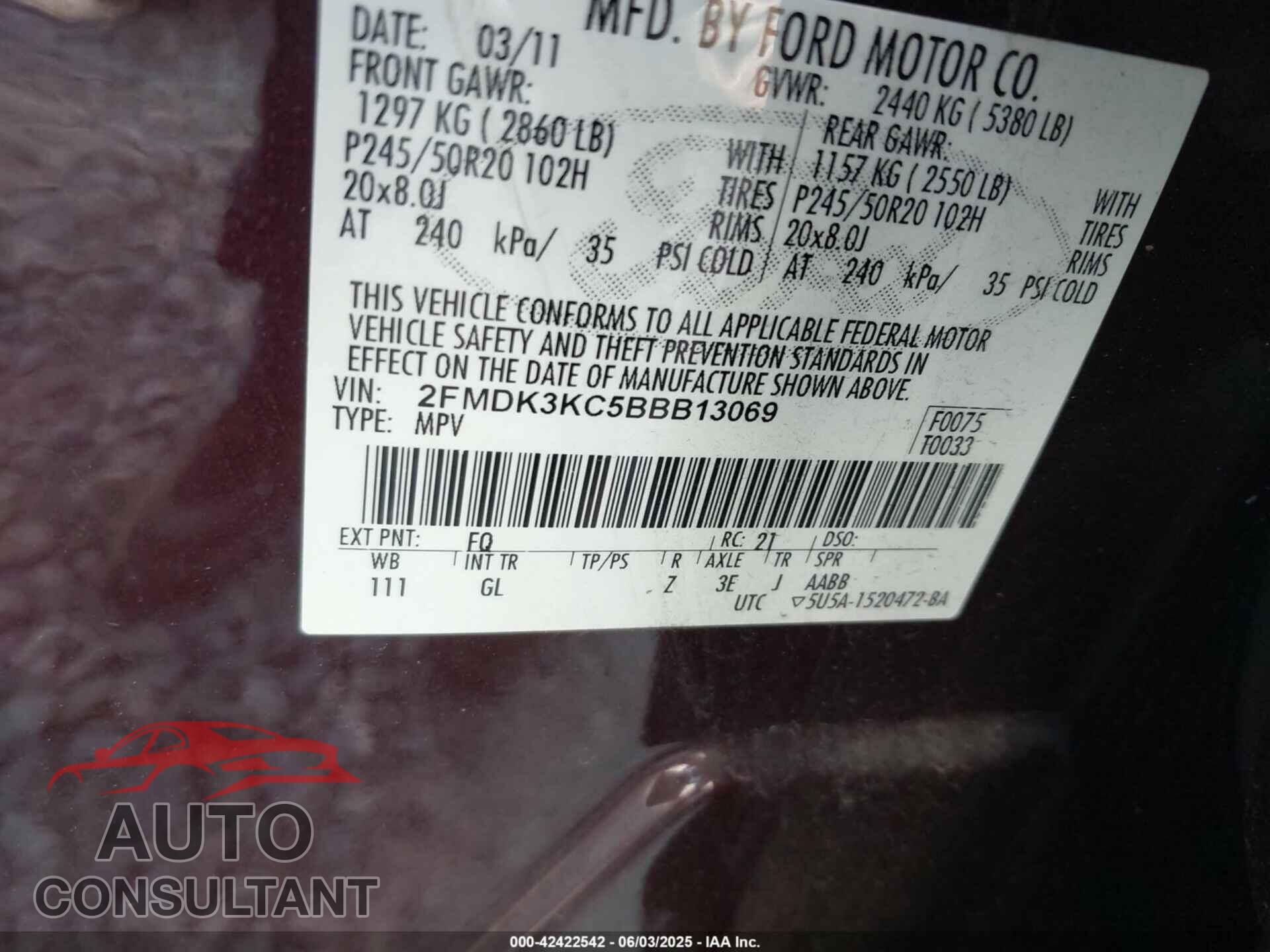 FORD EDGE 2011 - 2FMDK3KC5BBB13069