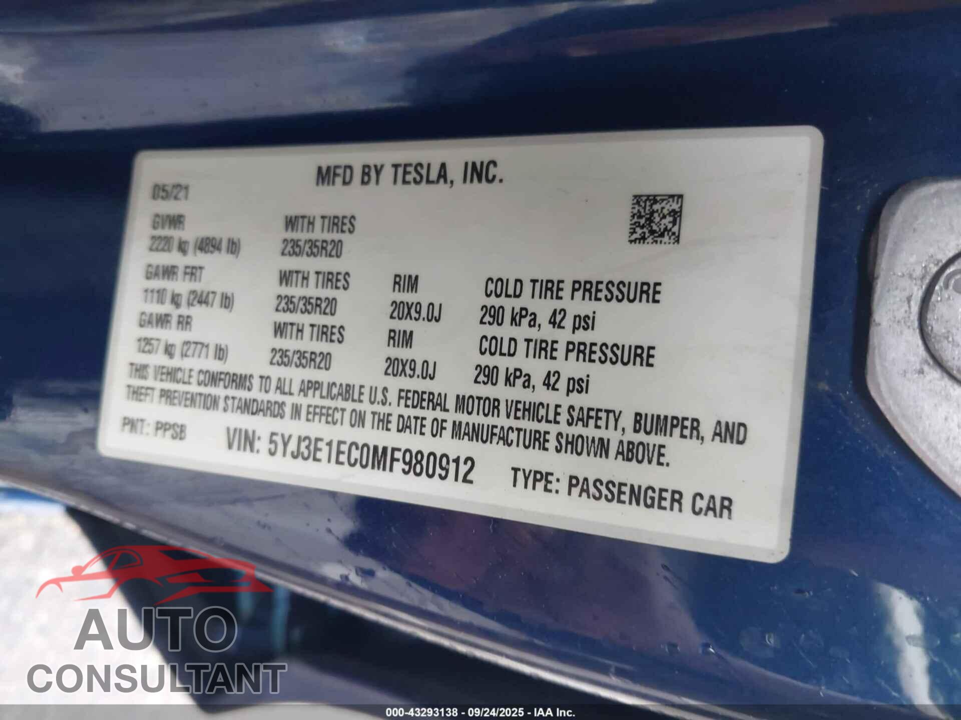 TESLA MODEL 3 2021 - 5YJ3E1EC0MF980912
