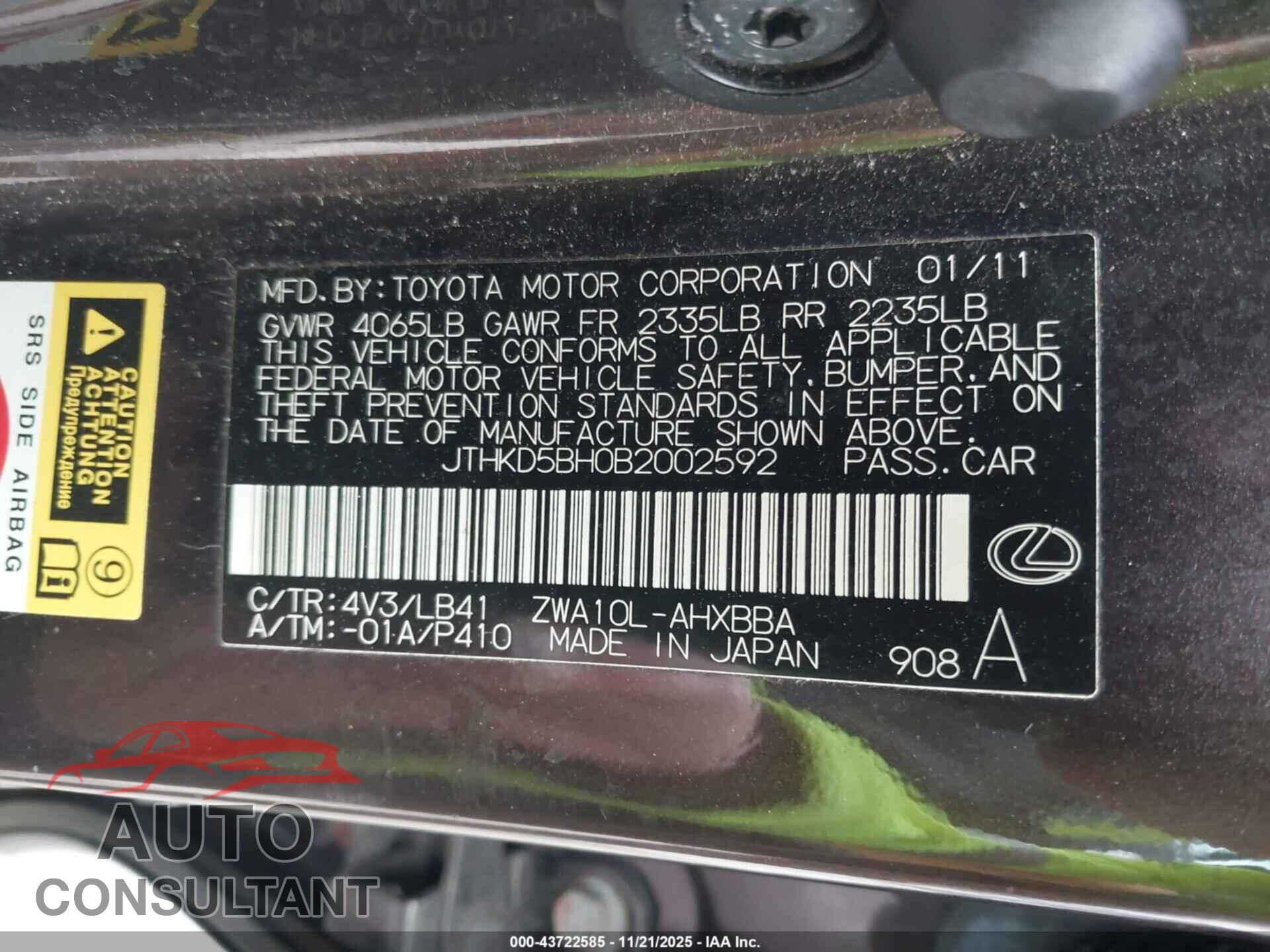 LEXUS CT 200H 2011 - JTHKD5BH0B2002592