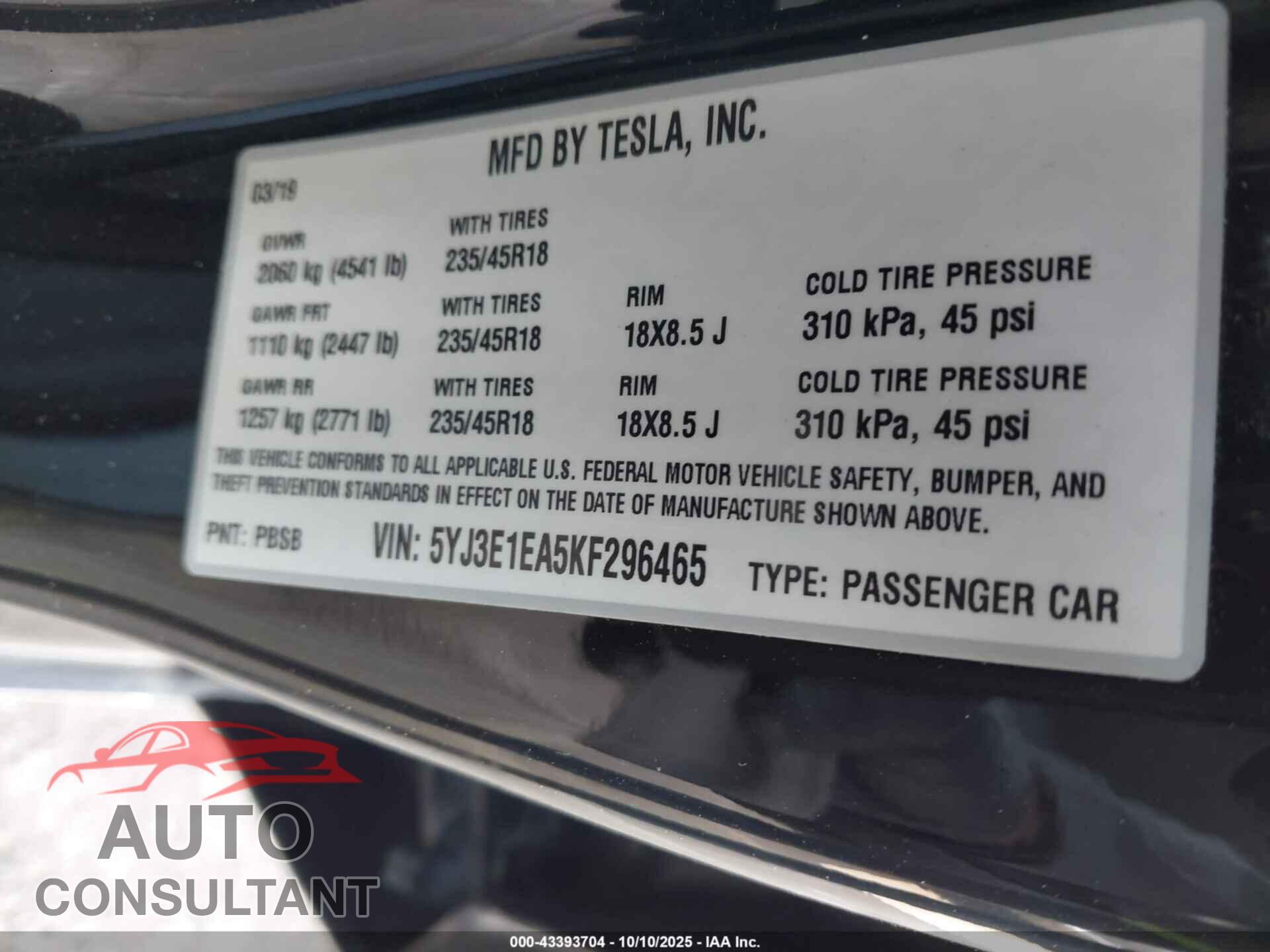 TESLA MODEL 3 2019 - 5YJ3E1EA5KF296465