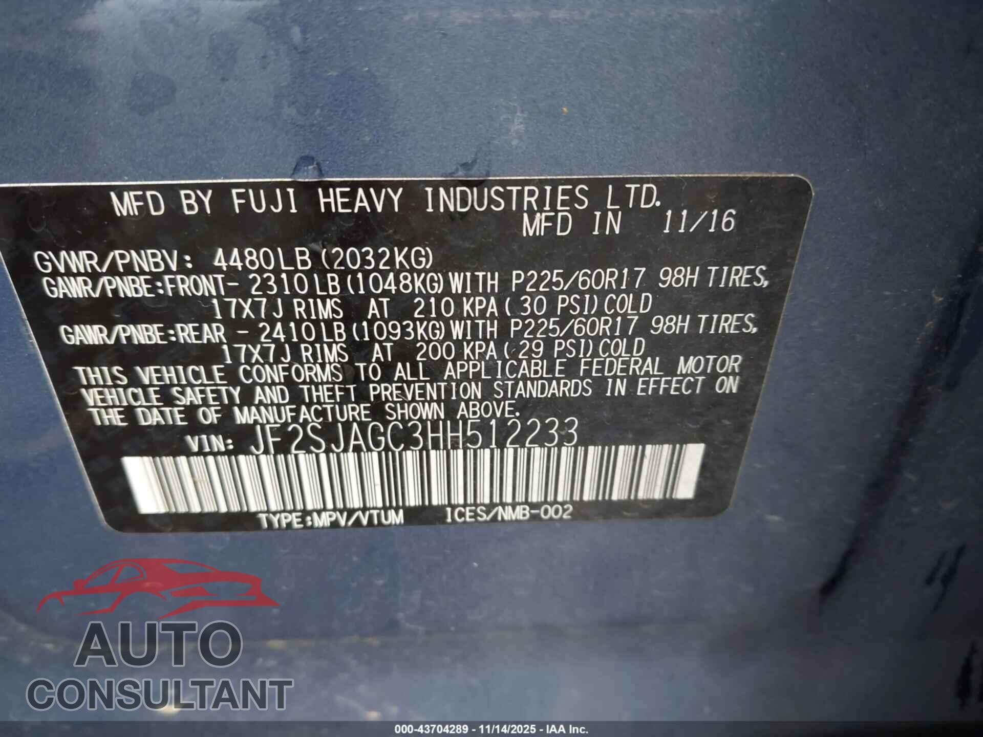 SUBARU FORESTER 2017 - JF2SJAGC3HH512233