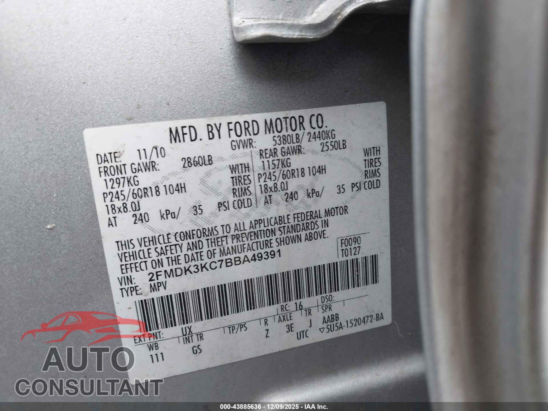 FORD EDGE 2011 - 2FMDK3KC7BBA49391