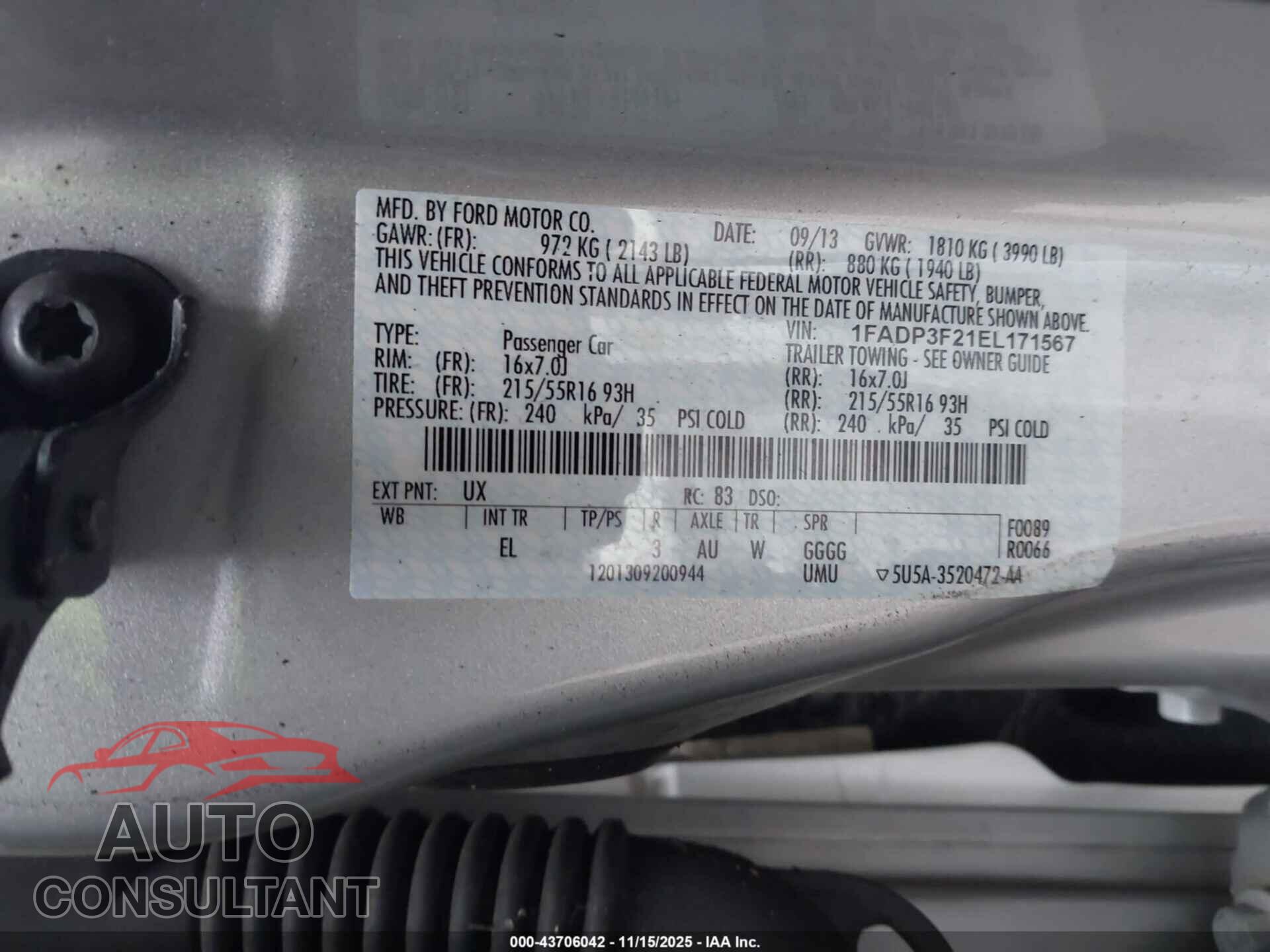 FORD FOCUS 2014 - 1FADP3F21EL171567