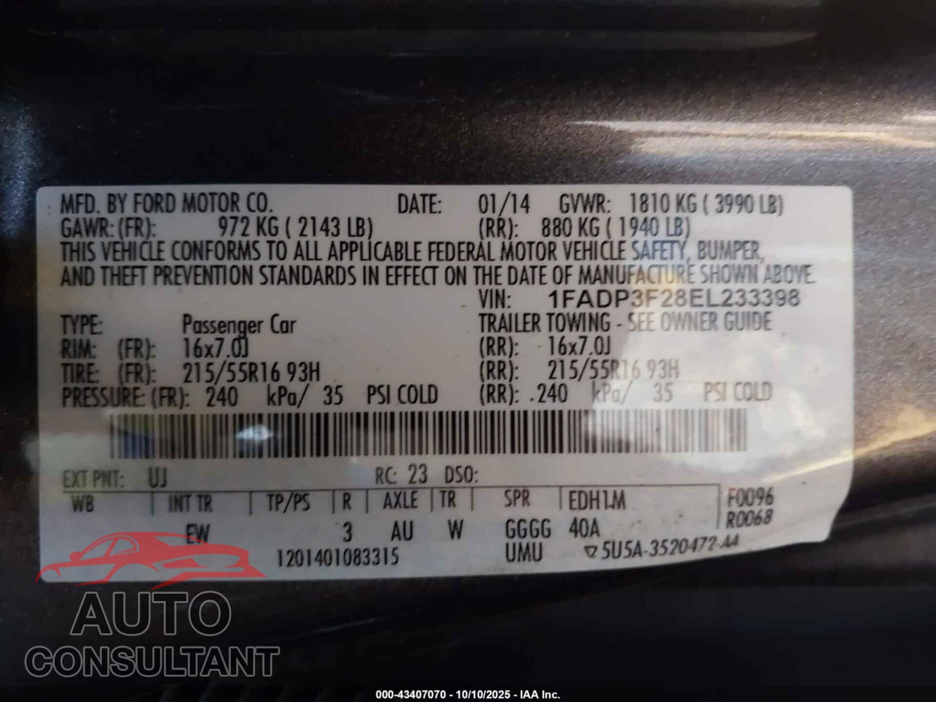 FORD FOCUS 2014 - 1FADP3F28EL233398