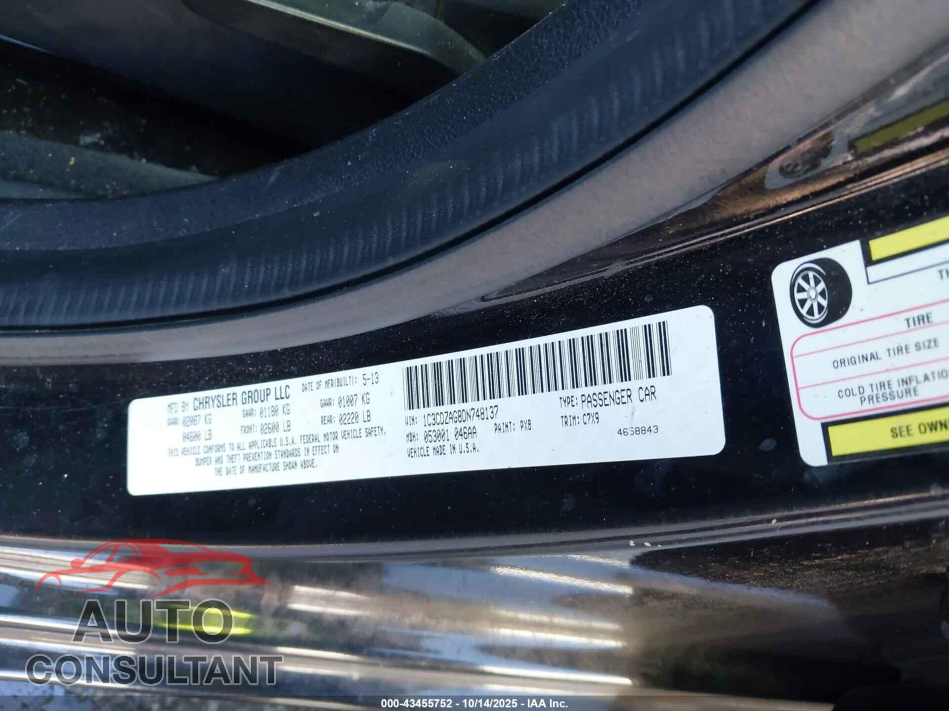 DODGE AVENGER 2013 - 1C3CDZAG8DN748137