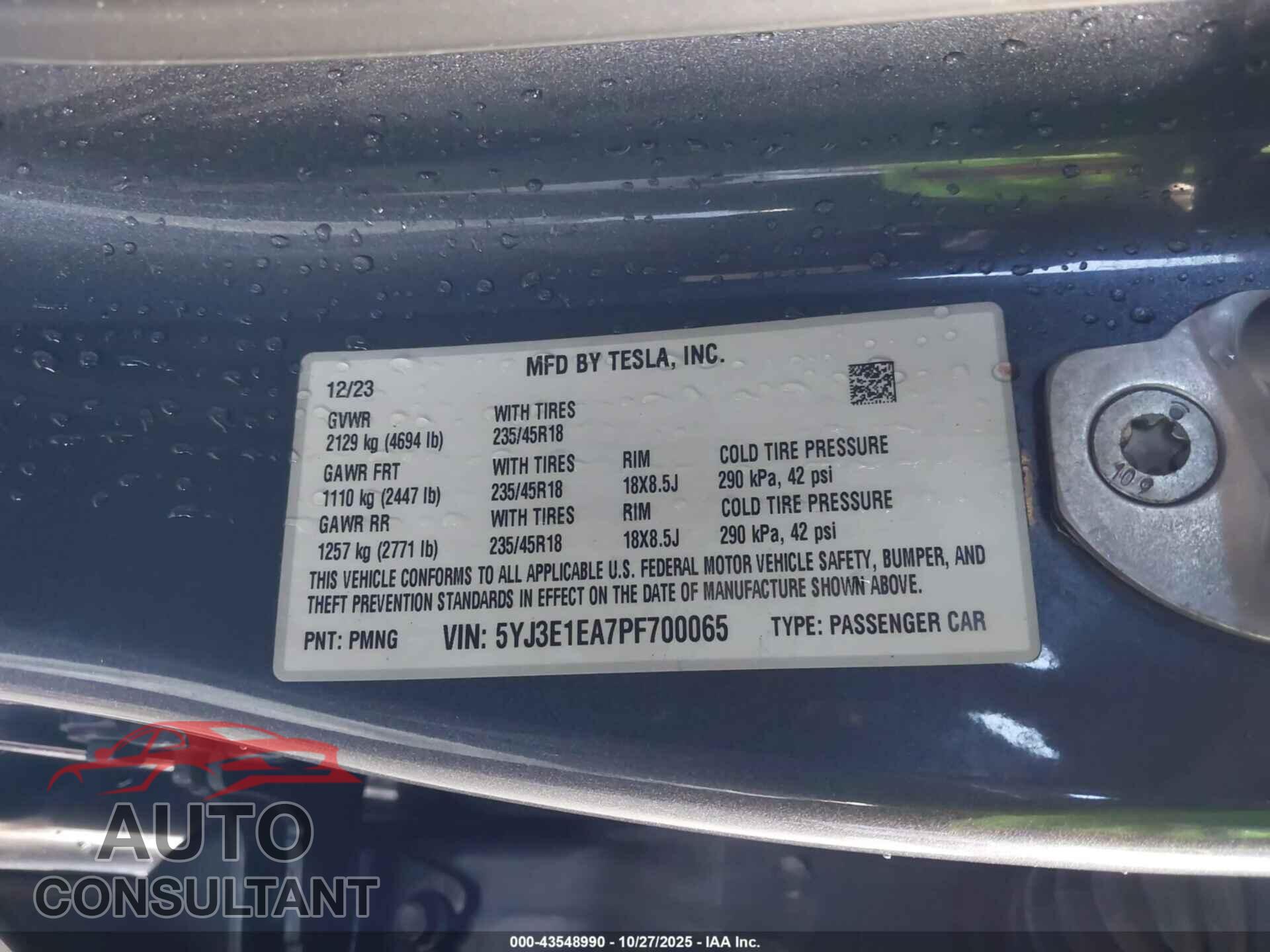 TESLA MODEL 3 2023 - 5YJ3E1EA7PF700065