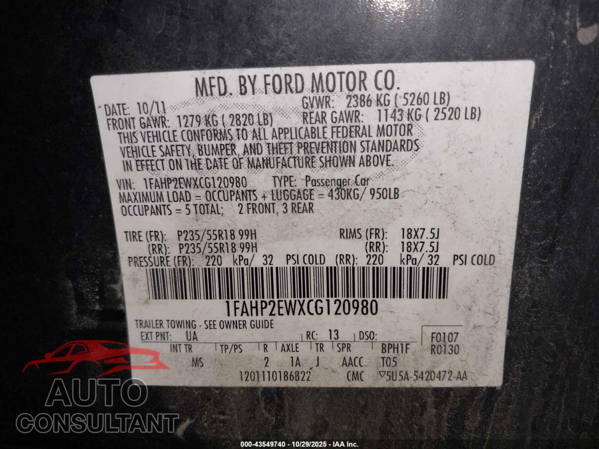 FORD TAURUS 2012 - 1FAHP2EWXCG120980