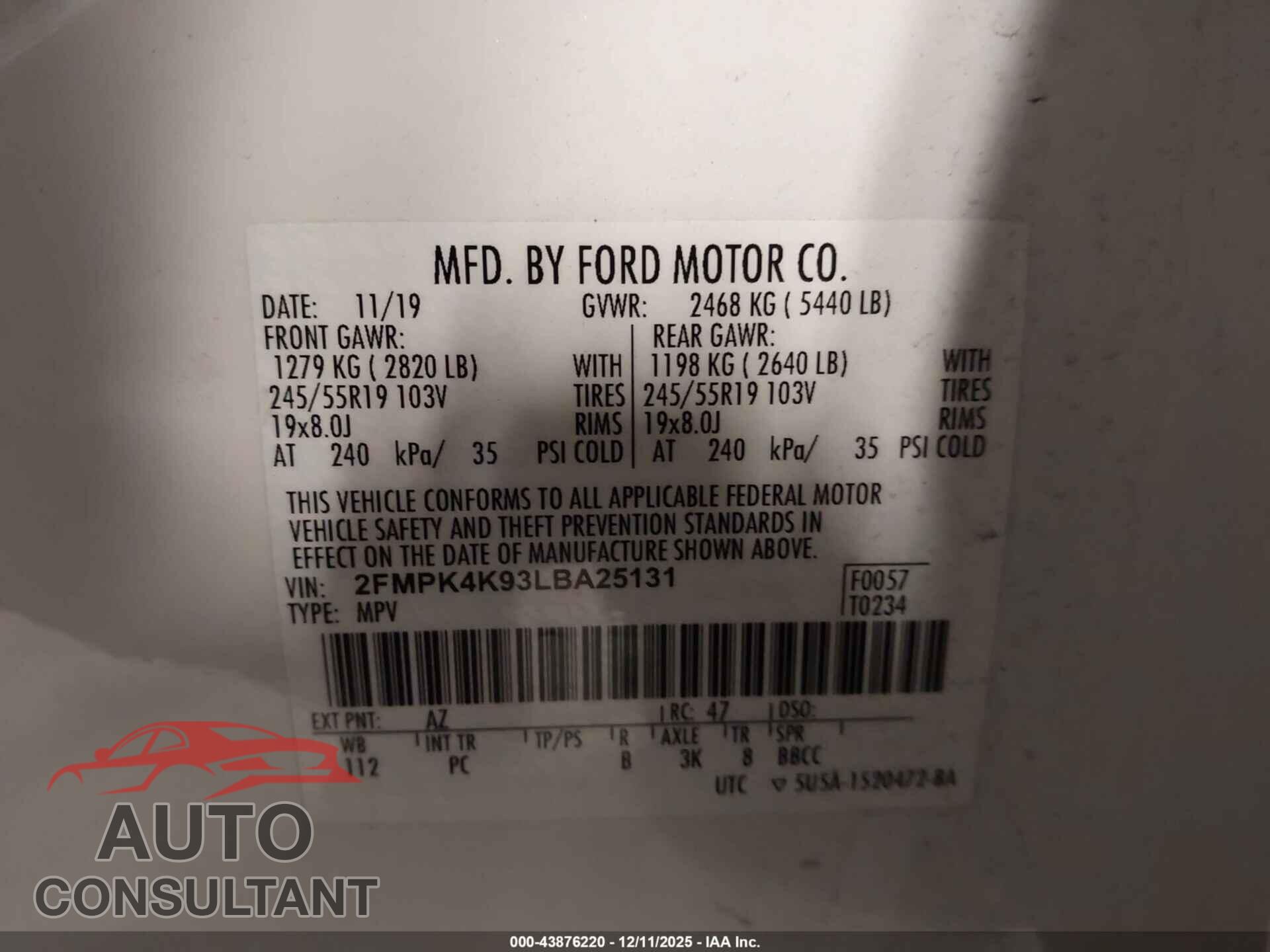 FORD EDGE 2020 - 2FMPK4K93LBA25131