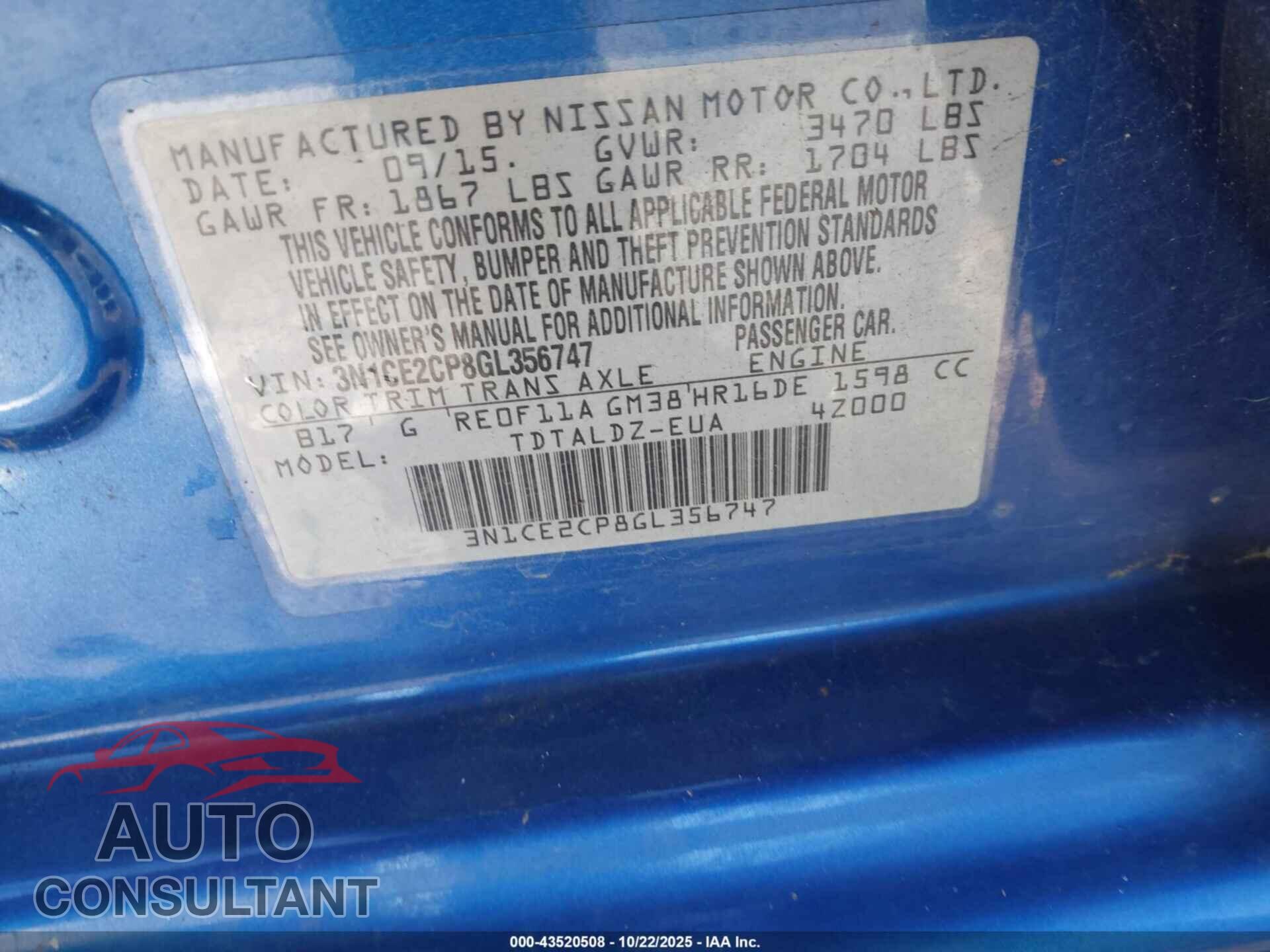 NISSAN VERSA NOTE 2016 - 3N1CE2CP8GL356747