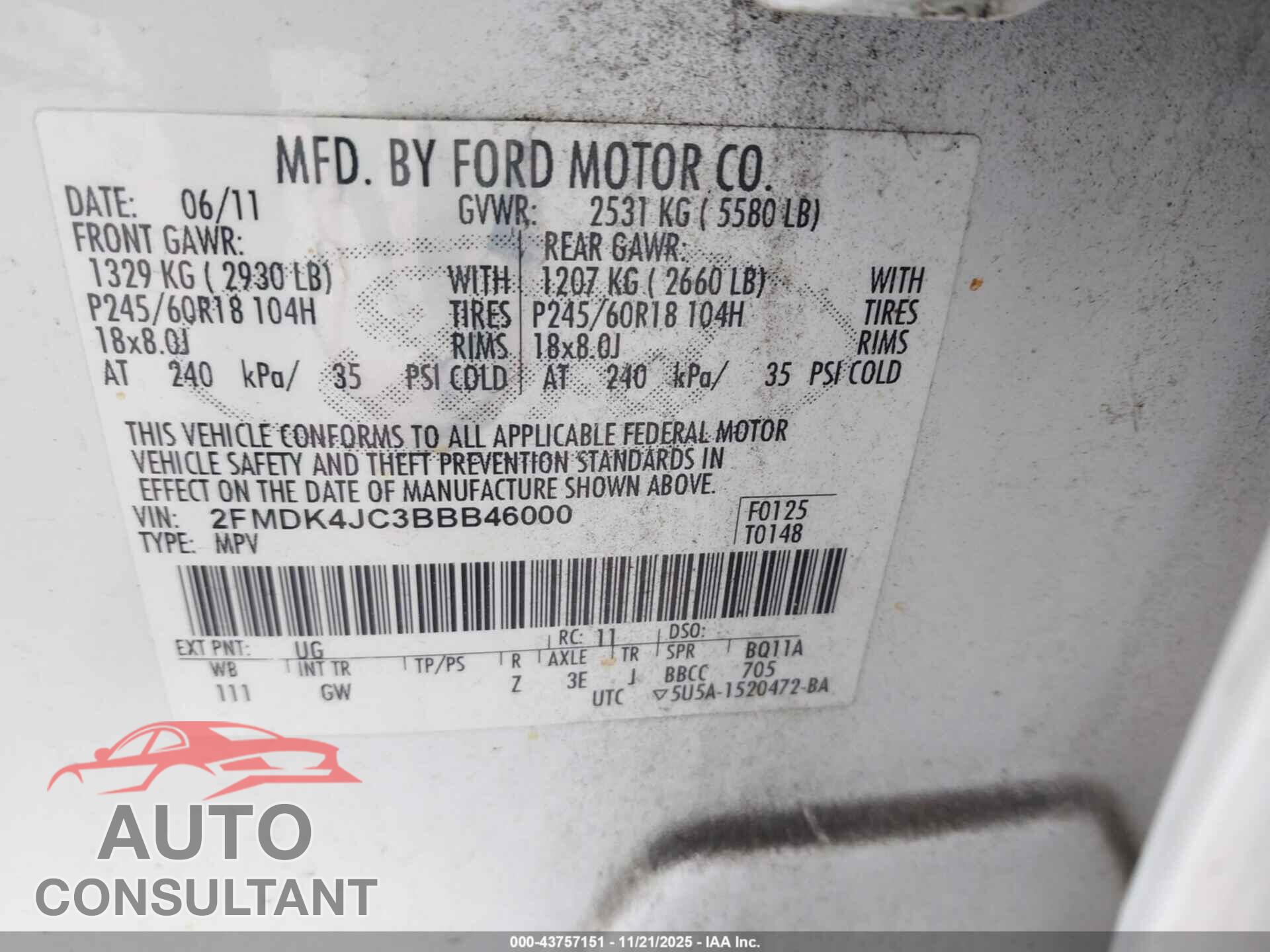 FORD EDGE 2011 - 2FMDK4JC3BBB46000
