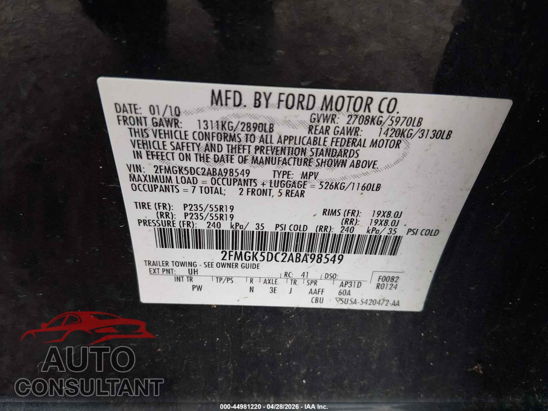 FORD FLEX 2010 - 2FMGK5DC2ABA98549