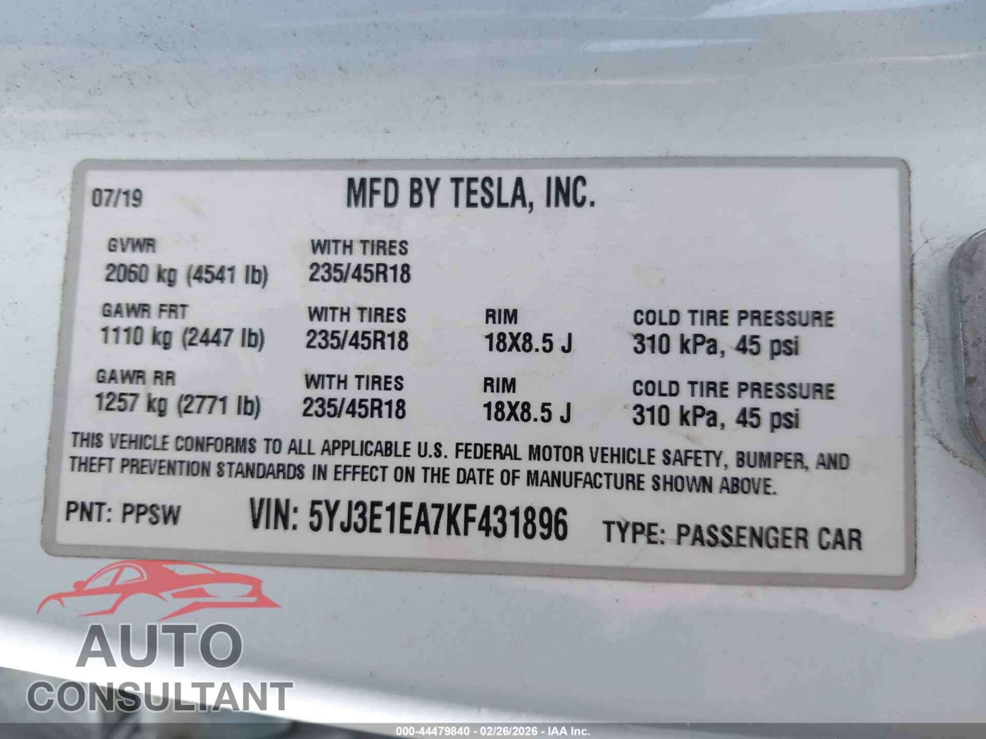 TESLA MODEL 3 2019 - 5YJ3E1EA7KF431896
